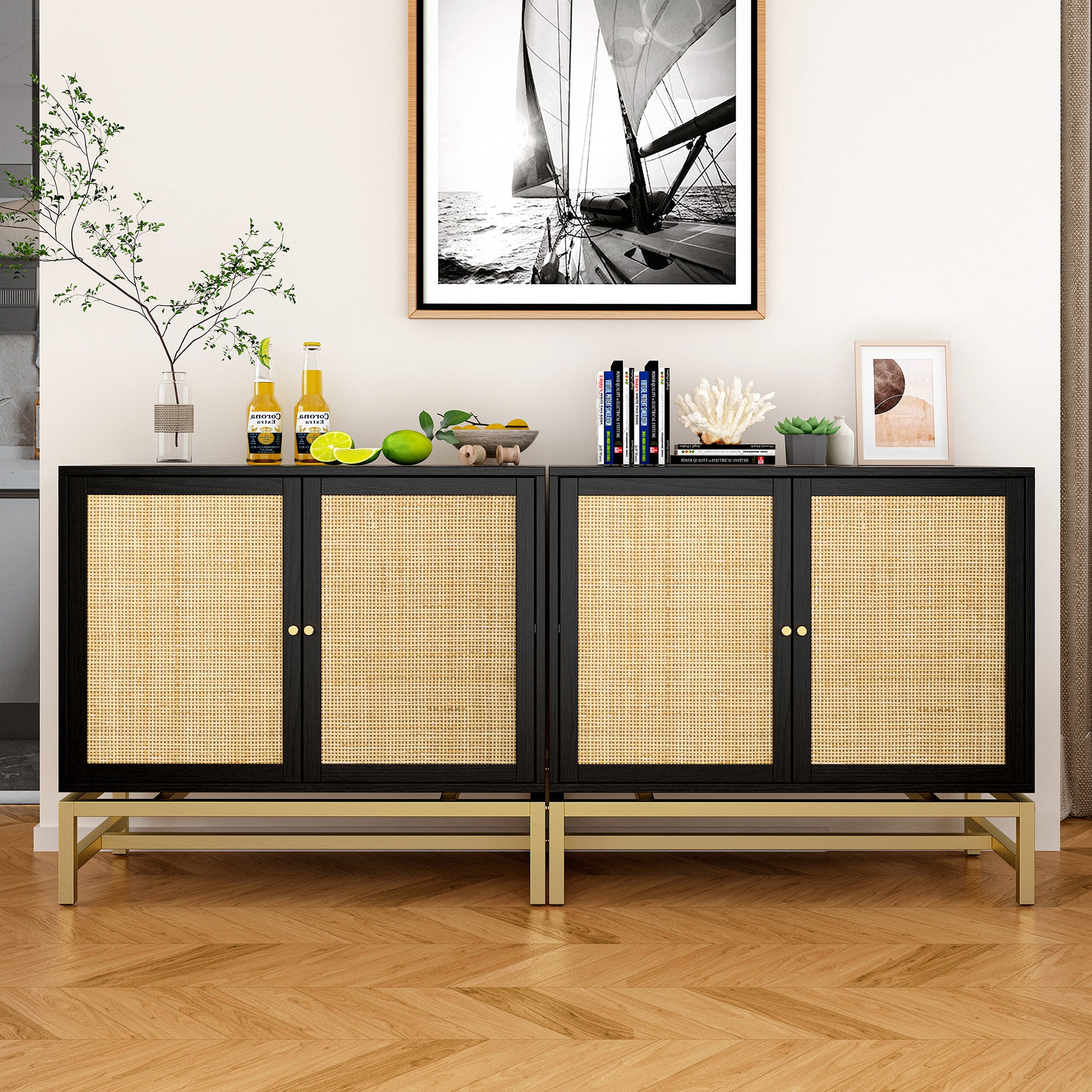 32" Tall Wood 2-door Accent Cabinet with Rattan Door