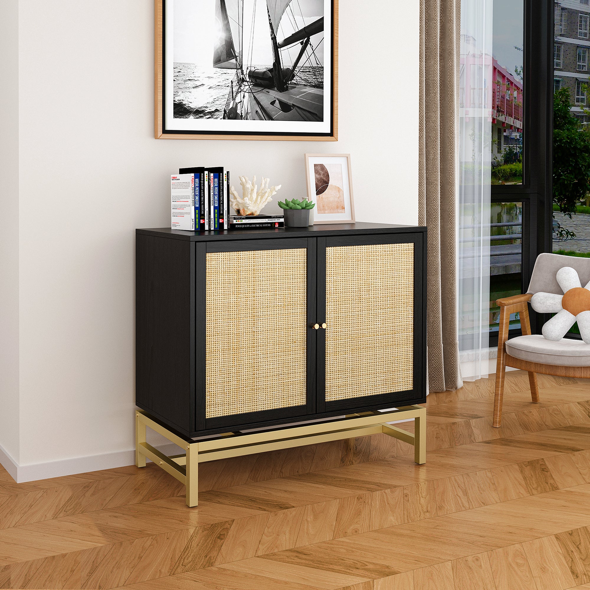 32" Tall Wood 2-door Accent Cabinet with Rattan Door