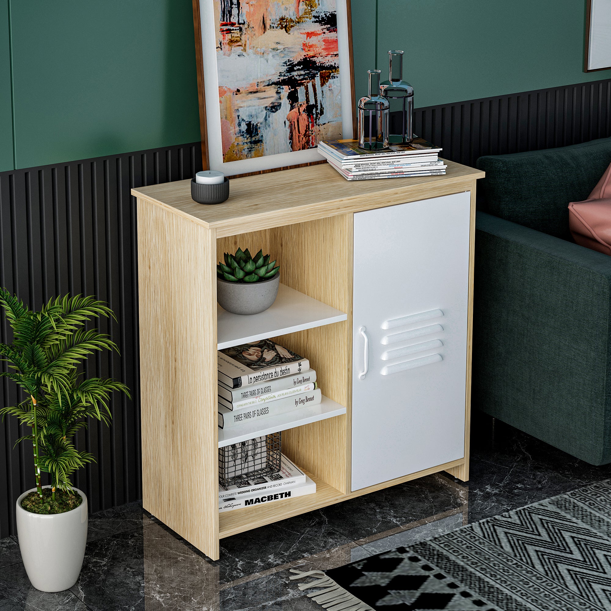 32" Tall Wood 1 Door Accent Cabinet with Exterior Shelves