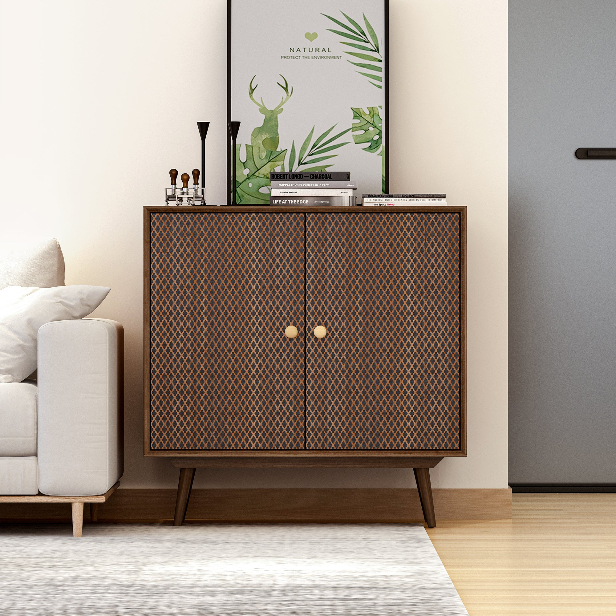 32" Tall Wood 2-door Accent Cabinet with With 3D printed elements