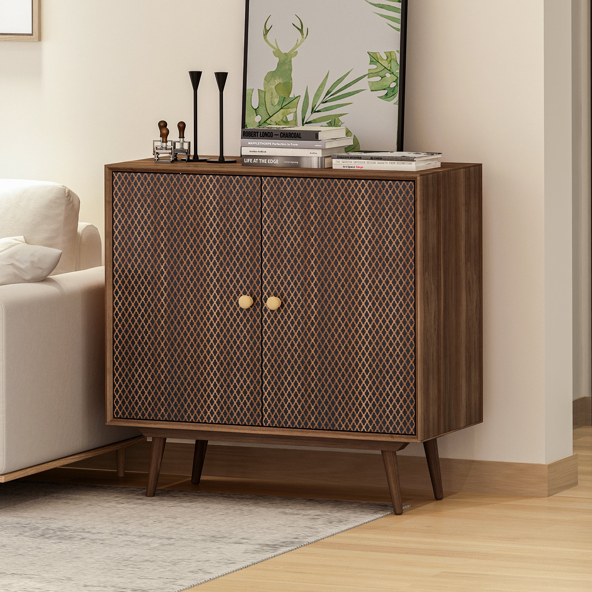32" Tall Wood 2-door Accent Cabinet with With 3D printed elements