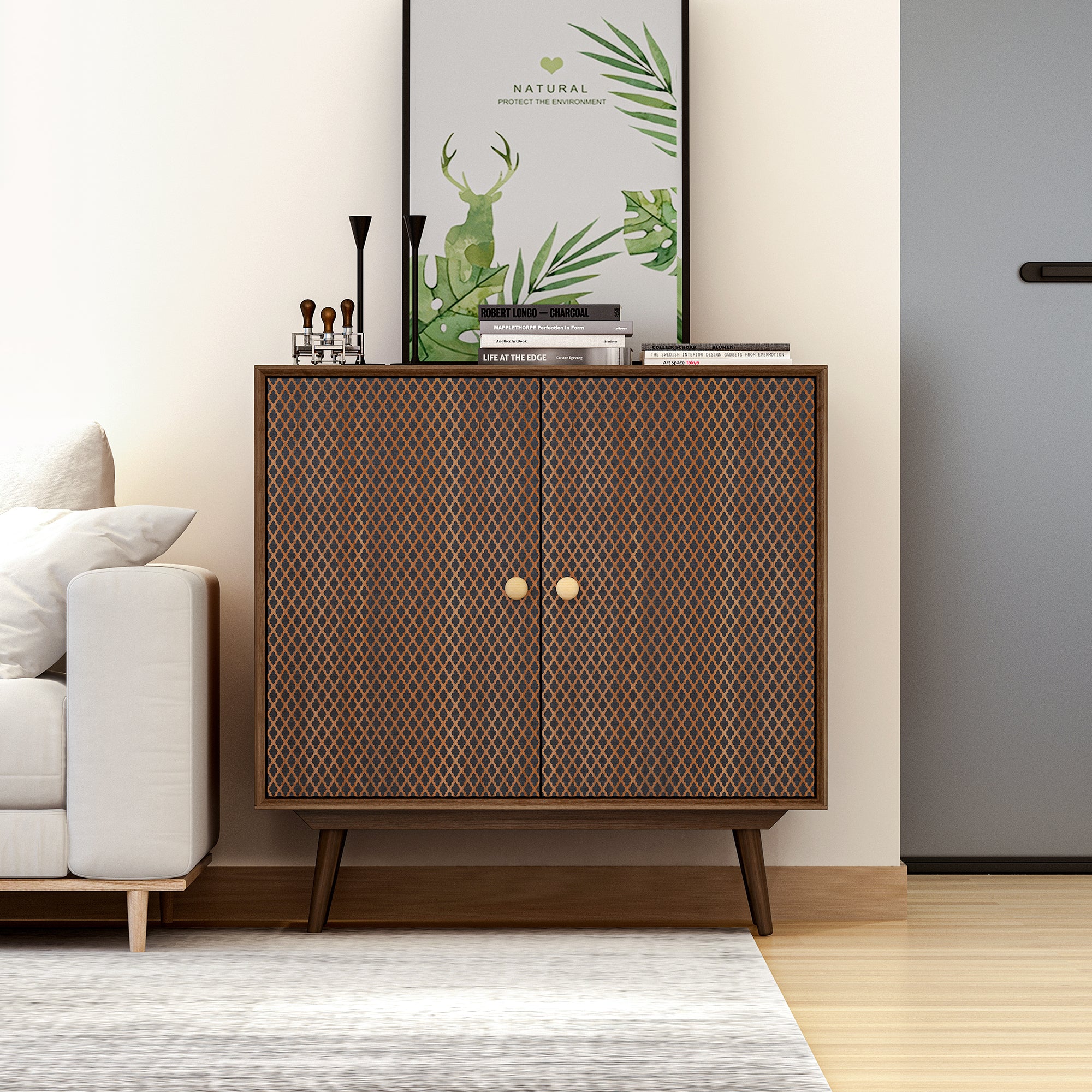 32" Tall Wood 2-door Accent Cabinet with With 3D printed elements