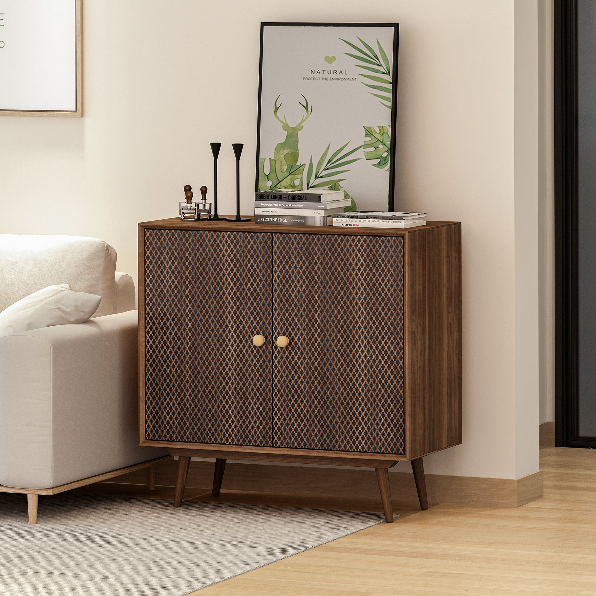32" Tall Wood 2-door Accent Cabinet with With 3D printed elements