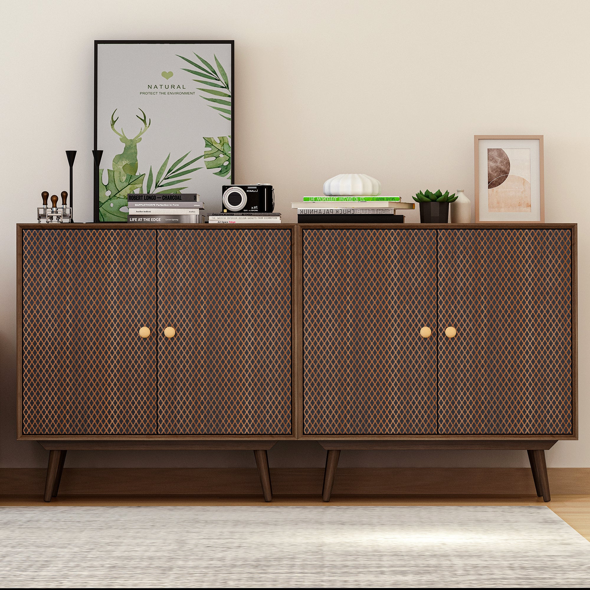 32" Tall Wood 2-door Accent Cabinet with With 3D printed elements