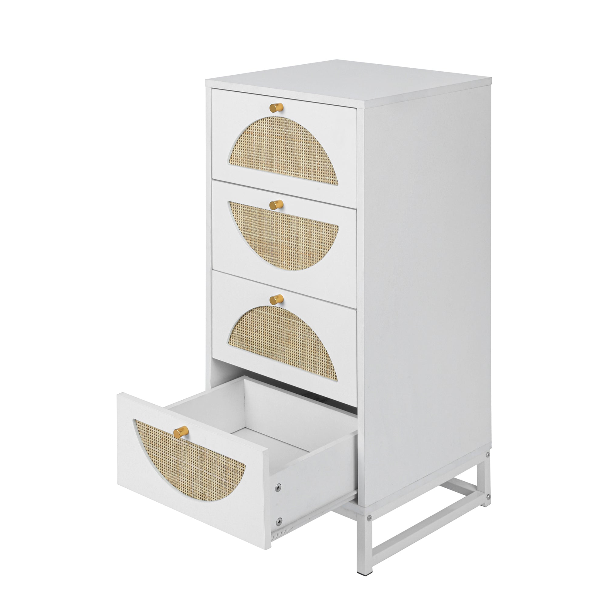 4-Drawer Wood Rattan Chest in White