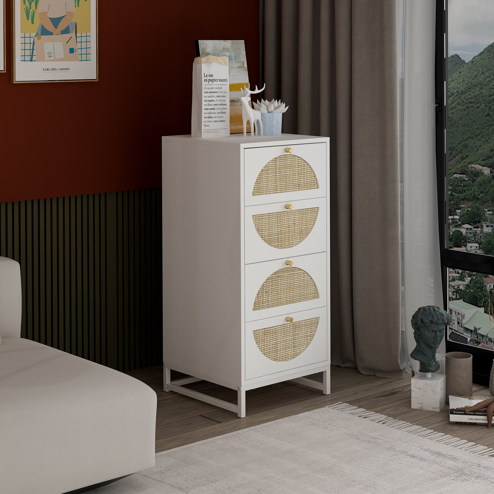 4-Drawer Wood Rattan Chest in White