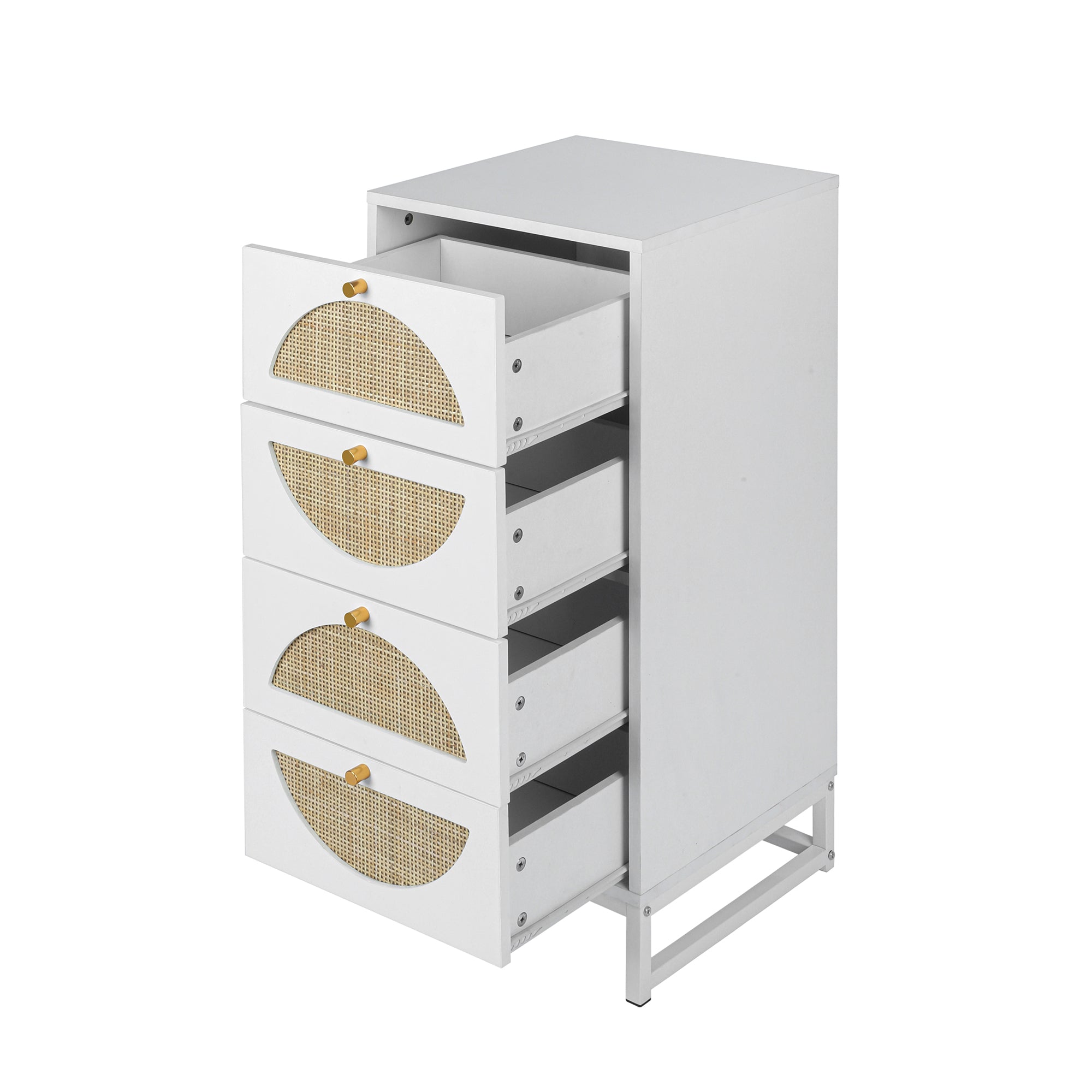 4-Drawer Wood Rattan Chest in White