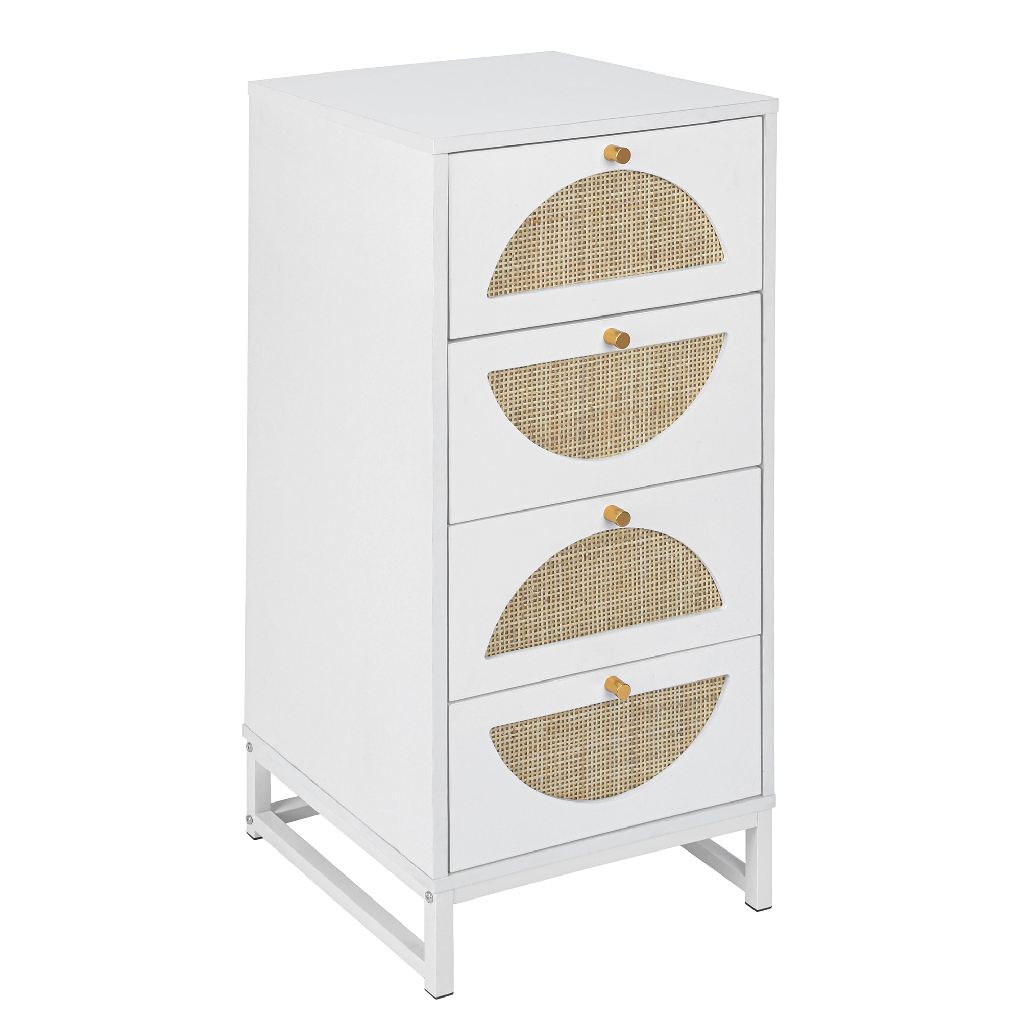 4-Drawer Wood Rattan Chest in White