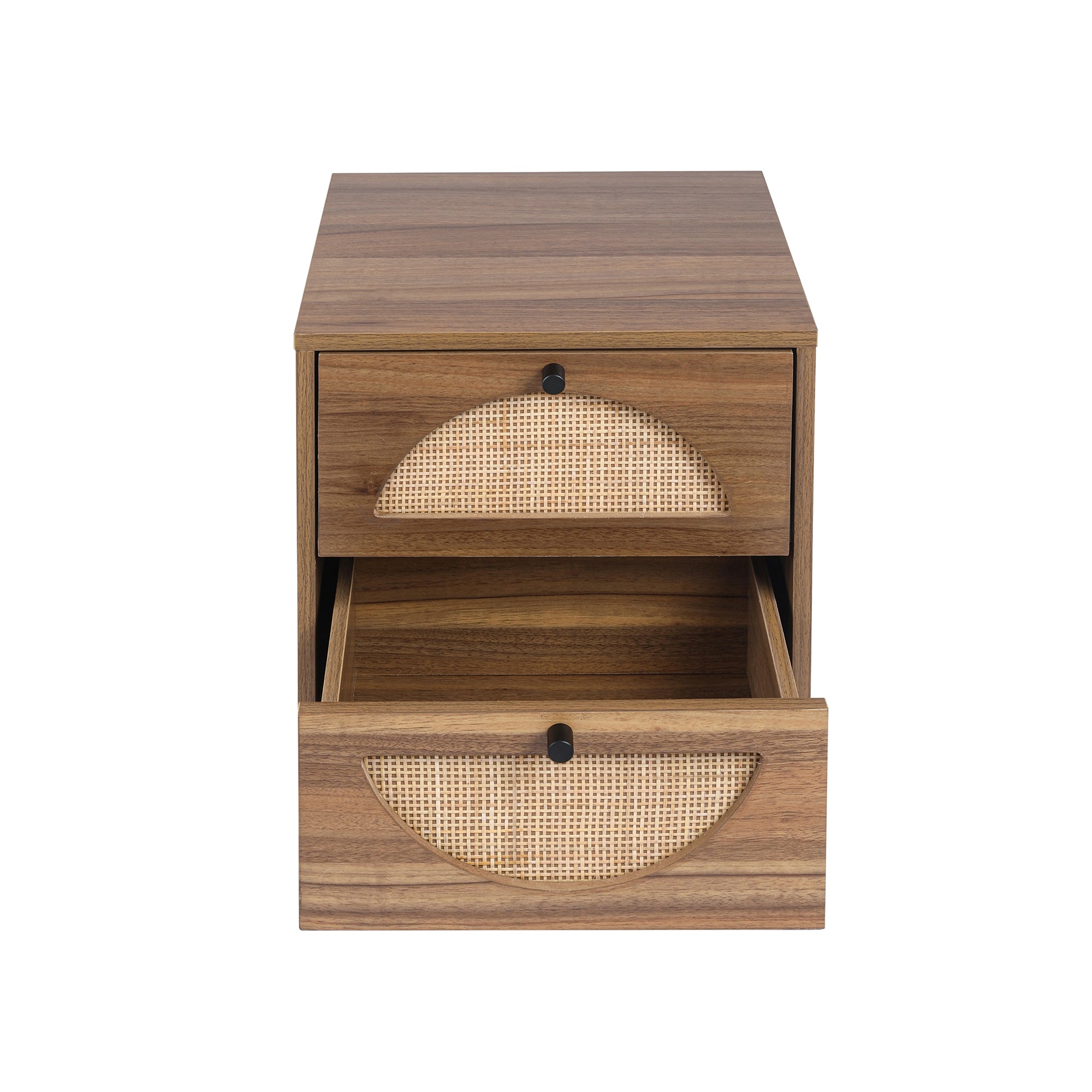 Rattan Nightstand Set of 2 End Table with 2 Drawers & Metal Legs