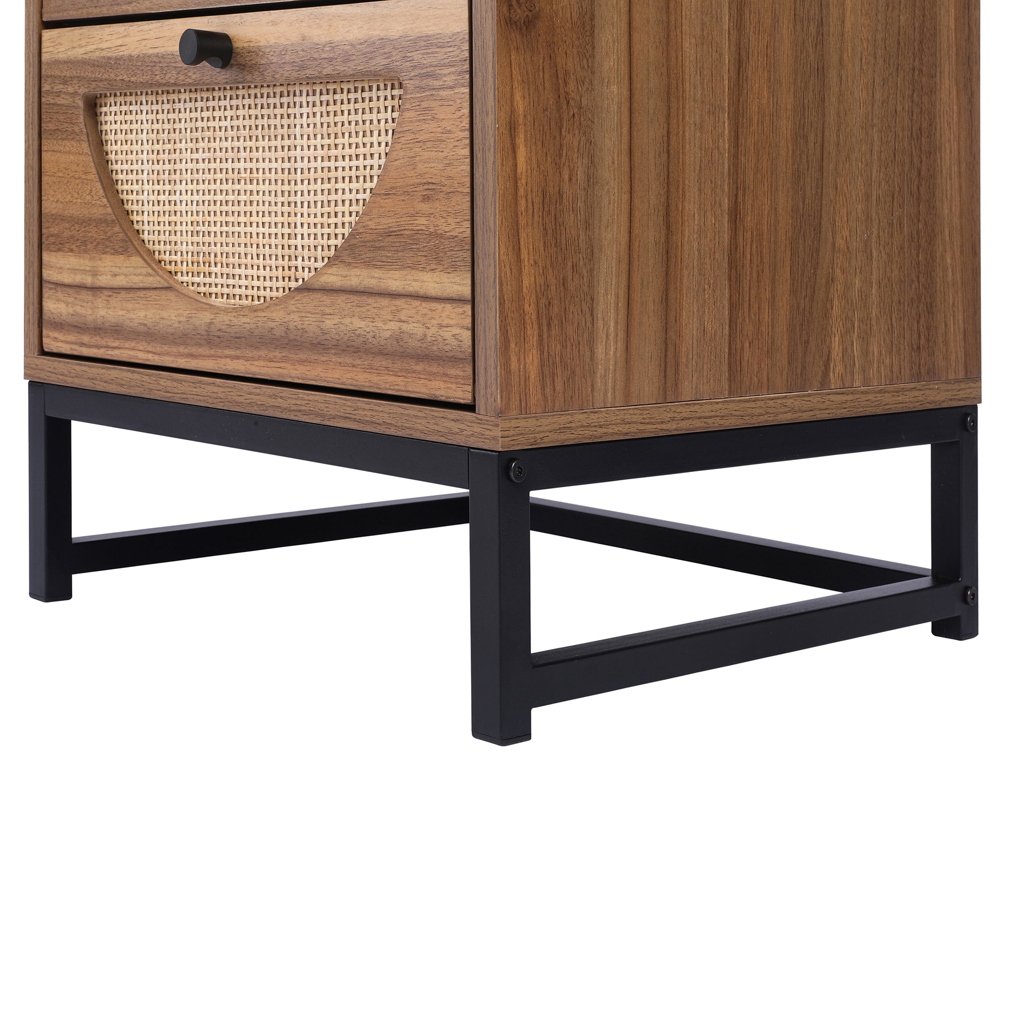 Rattan Nightstand Set of 2 End Table with 2 Drawers & Metal Legs