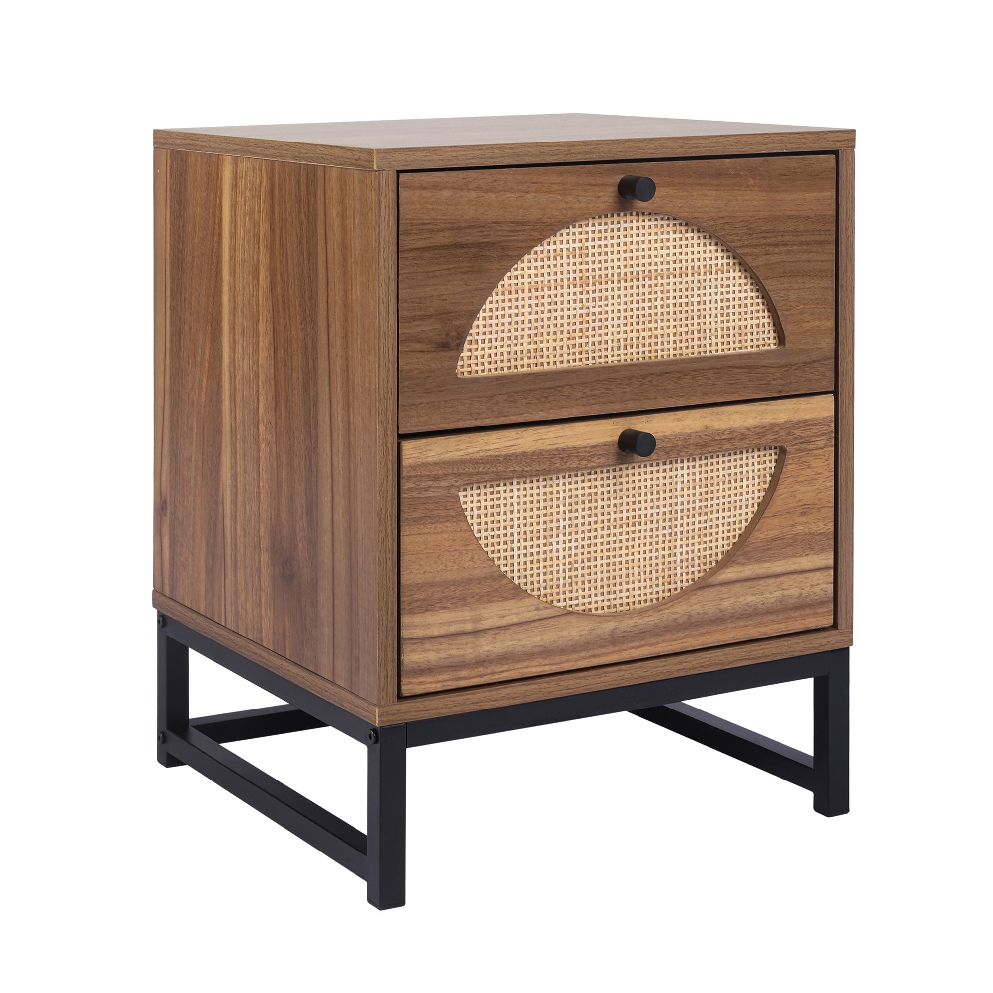 Rattan Nightstand Set of 2 End Table with 2 Drawers & Metal Legs