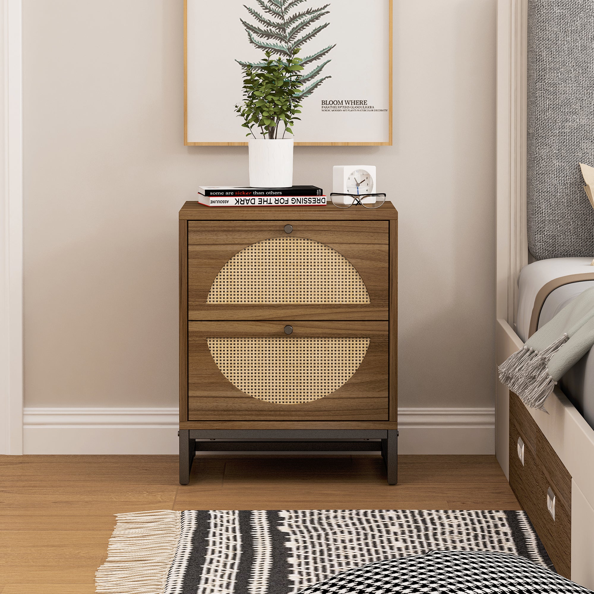 Rattan Nightstand Set of 2 End Table with 2 Drawers & Metal Legs