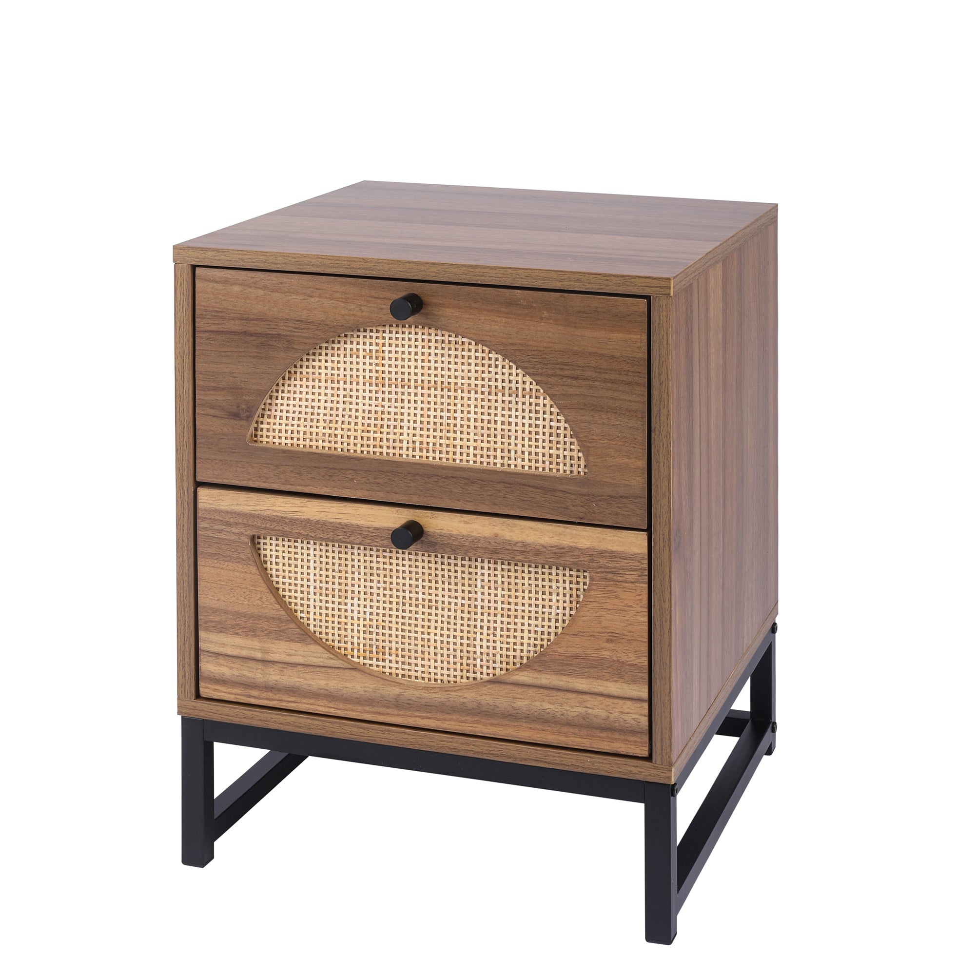 Rattan Nightstand Set of 2 End Table with 2 Drawers & Metal Legs