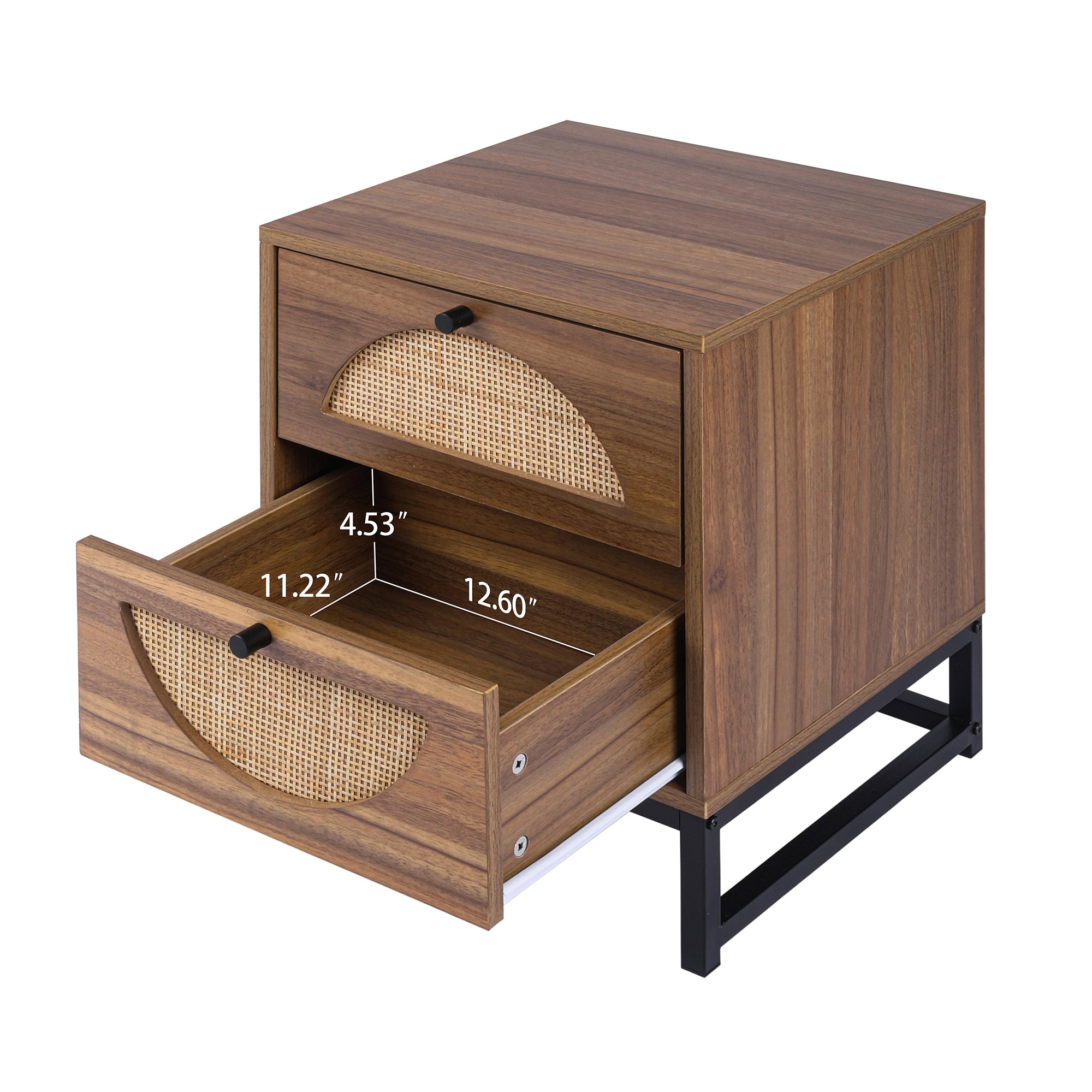 Rattan Nightstand Set of 2 End Table with 2 Drawers & Metal Legs