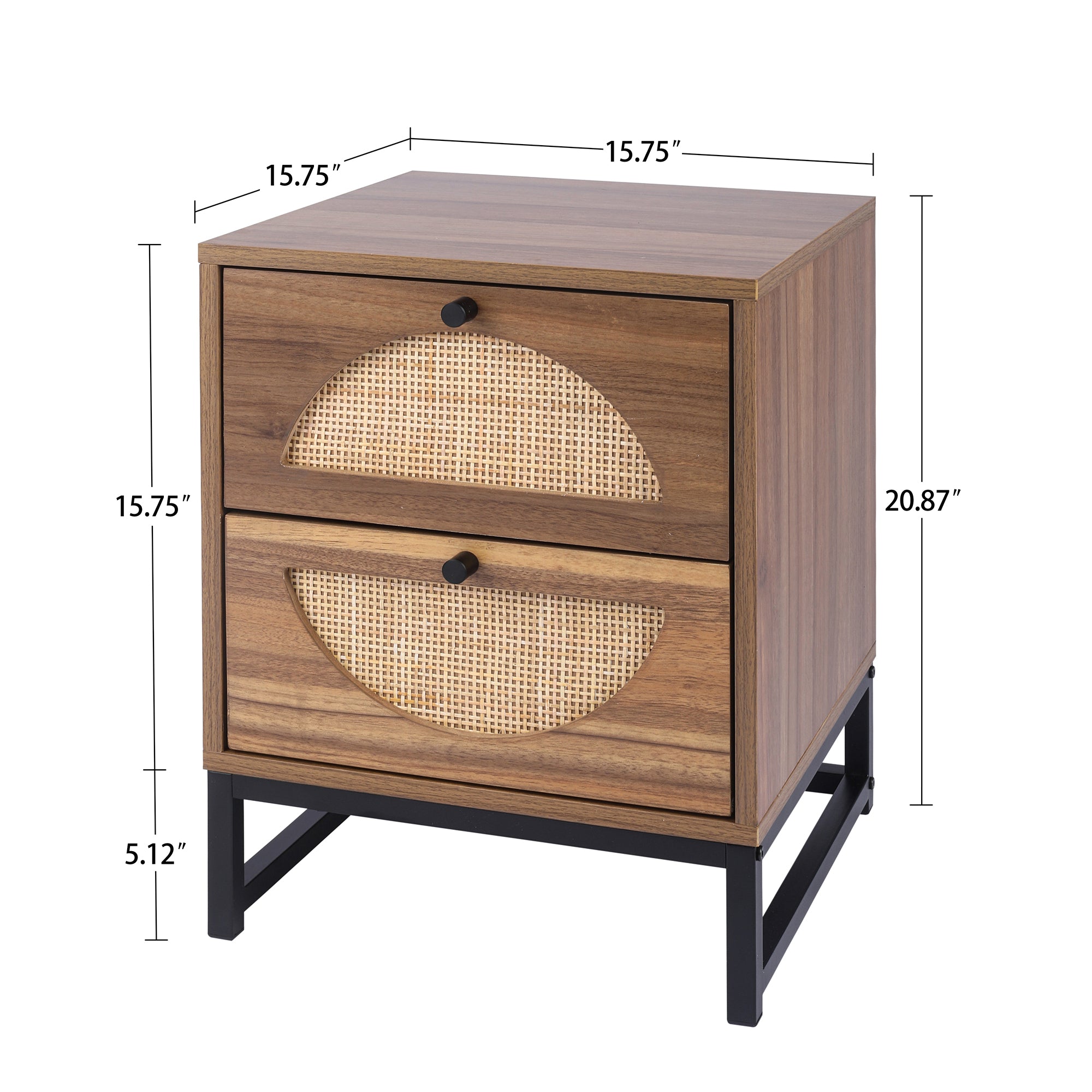 Rattan Nightstand Set of 2 End Table with 2 Drawers & Metal Legs