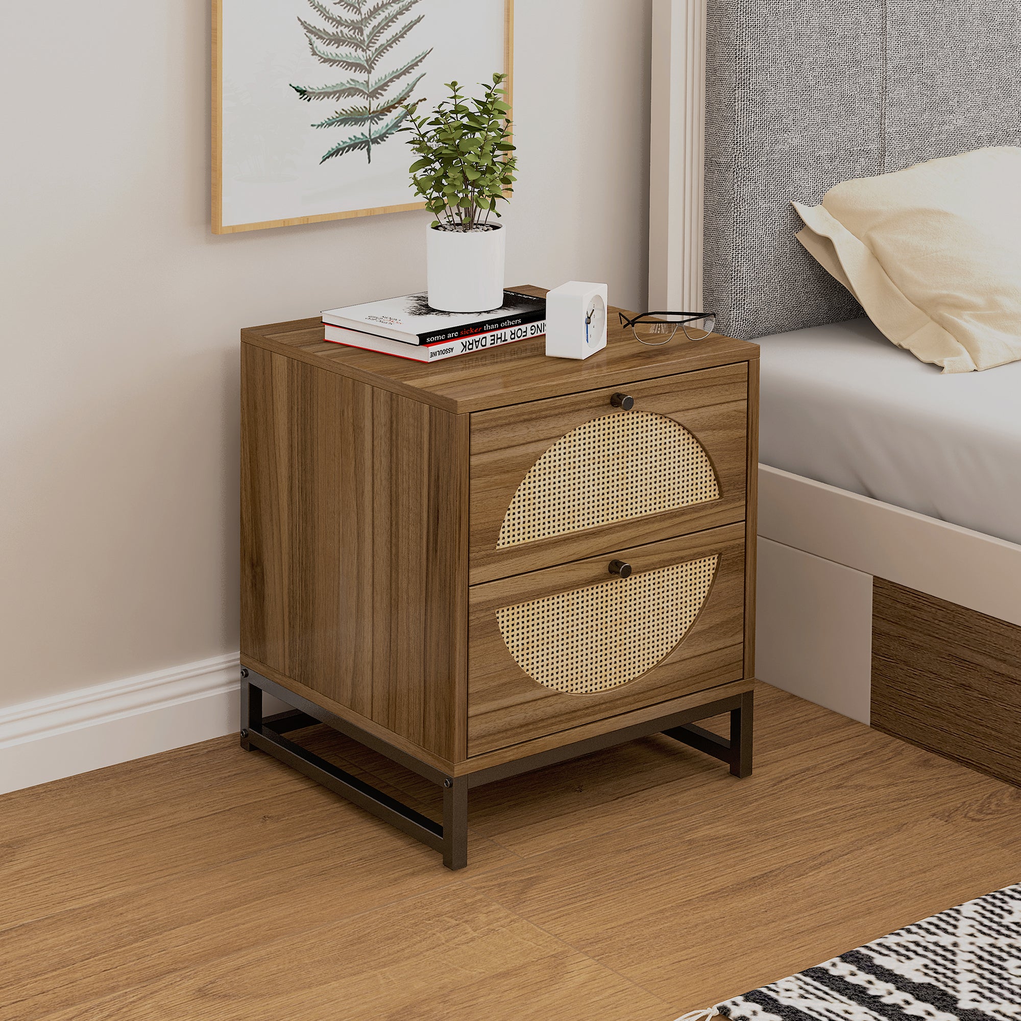 Rattan Nightstand Set of 2 End Table with 2 Drawers & Metal Legs