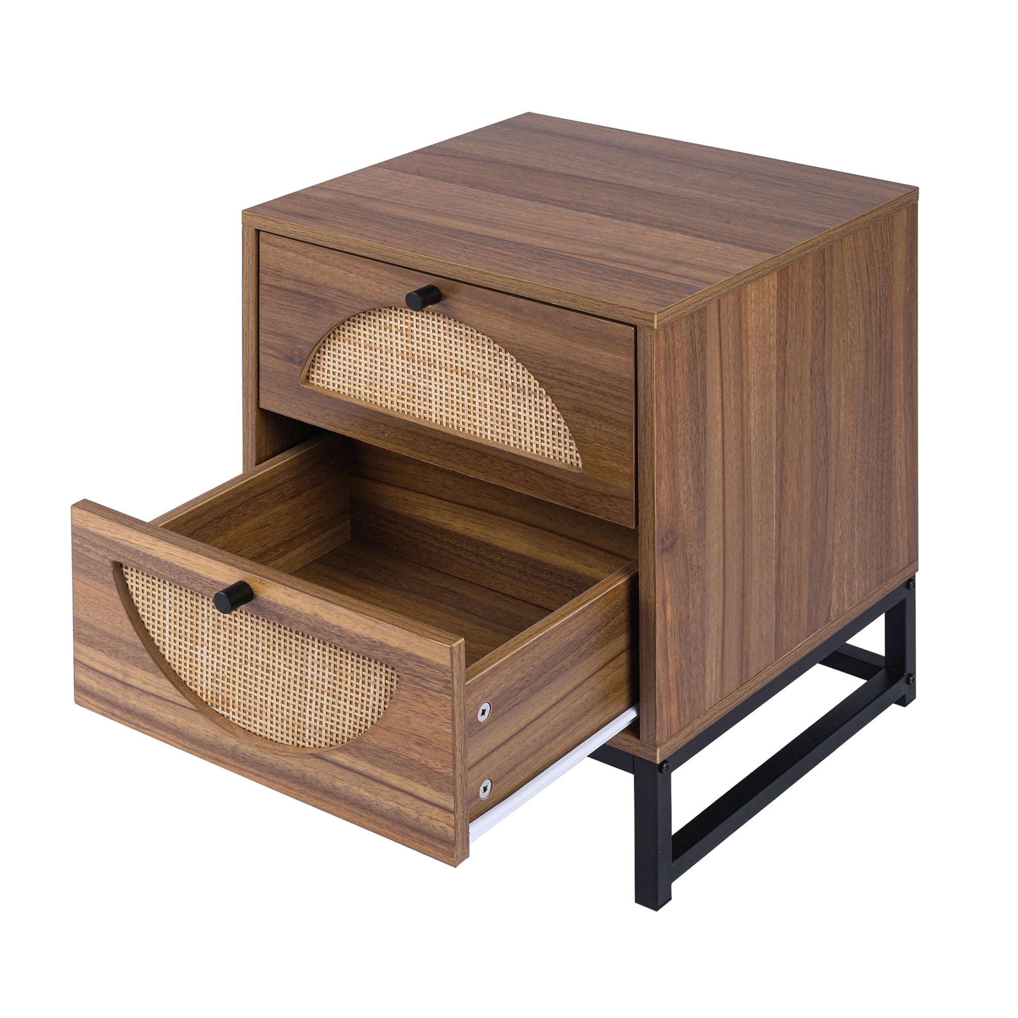 Rattan Nightstand Set of 2 End Table with 2 Drawers & Metal Legs