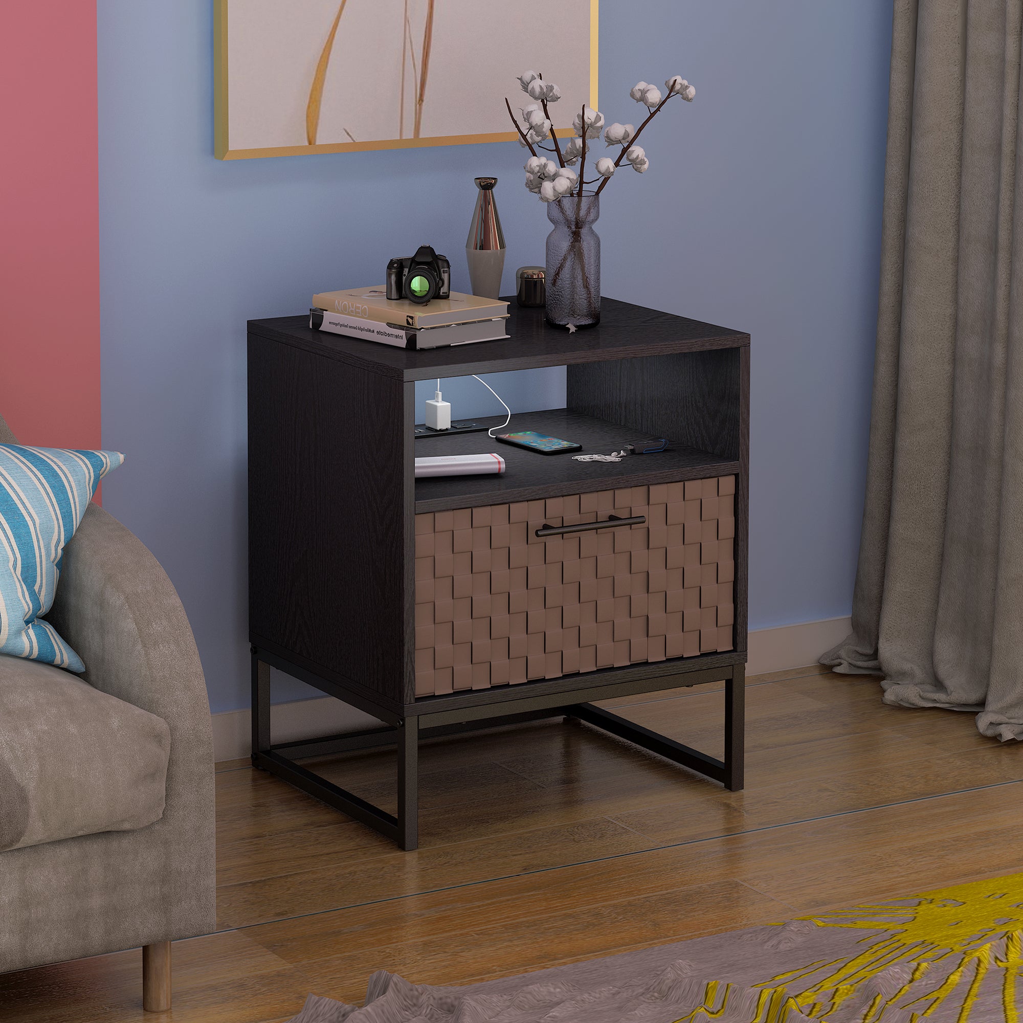 1-Door Wood Nightstand with Charging Station and Open Shelf