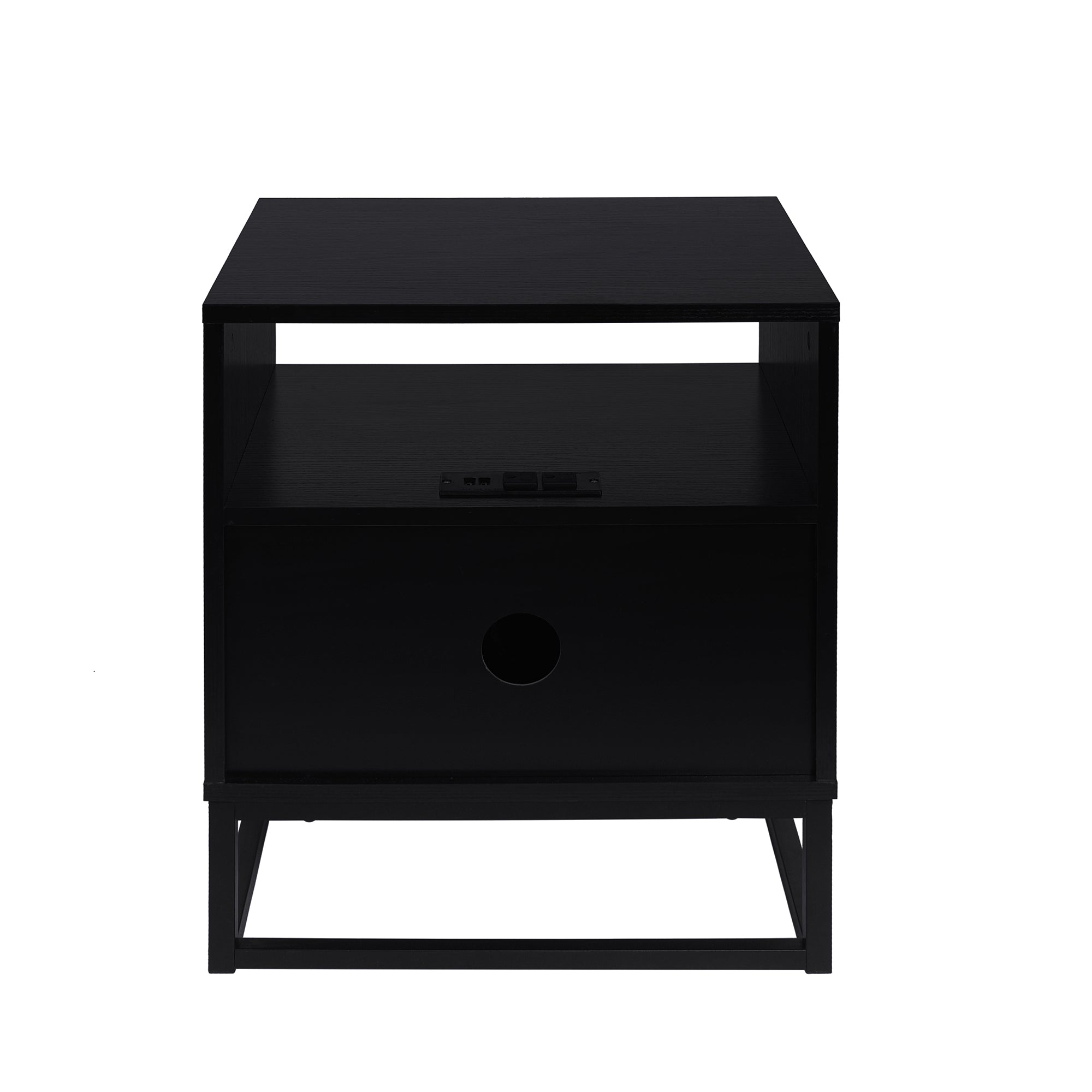 1-Door Wood Nightstand with Charging Station and Open Shelf