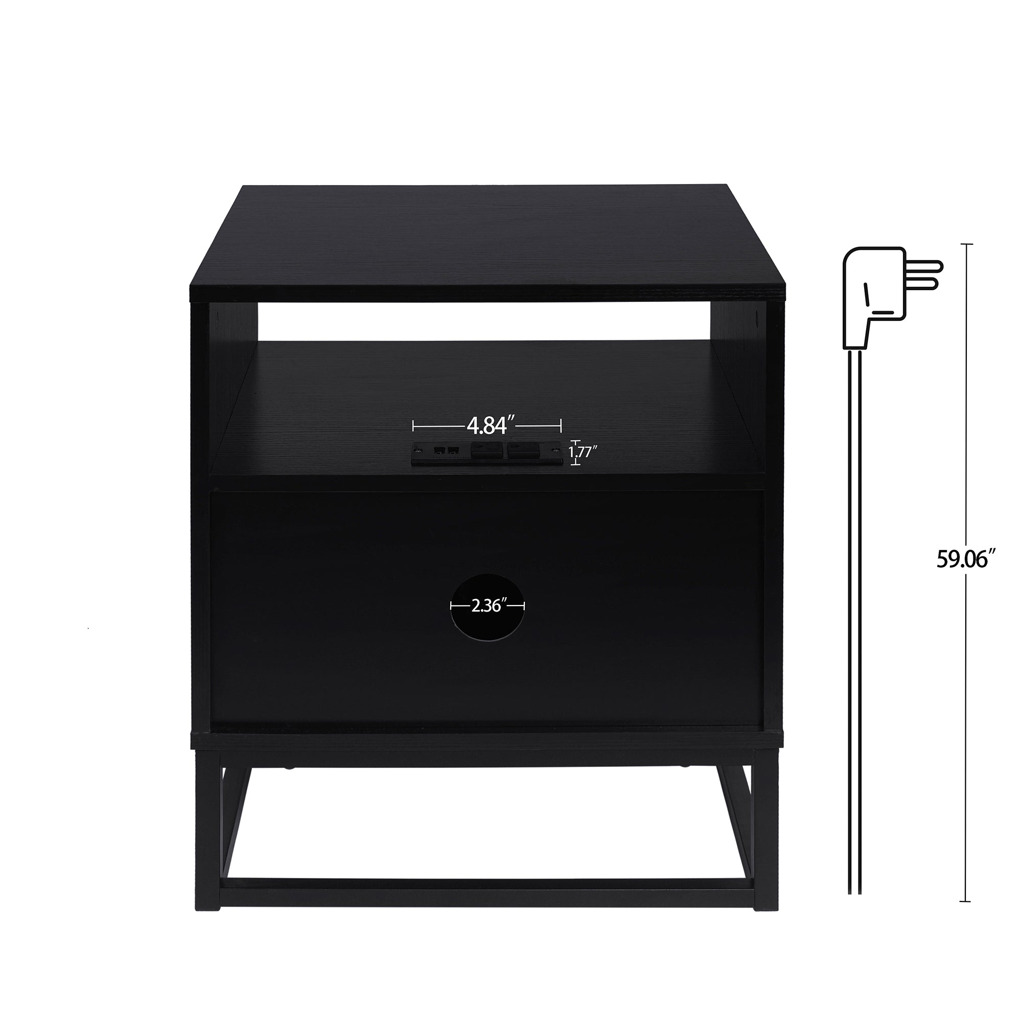 1-Door Wood Nightstand with Charging Station and Open Shelf