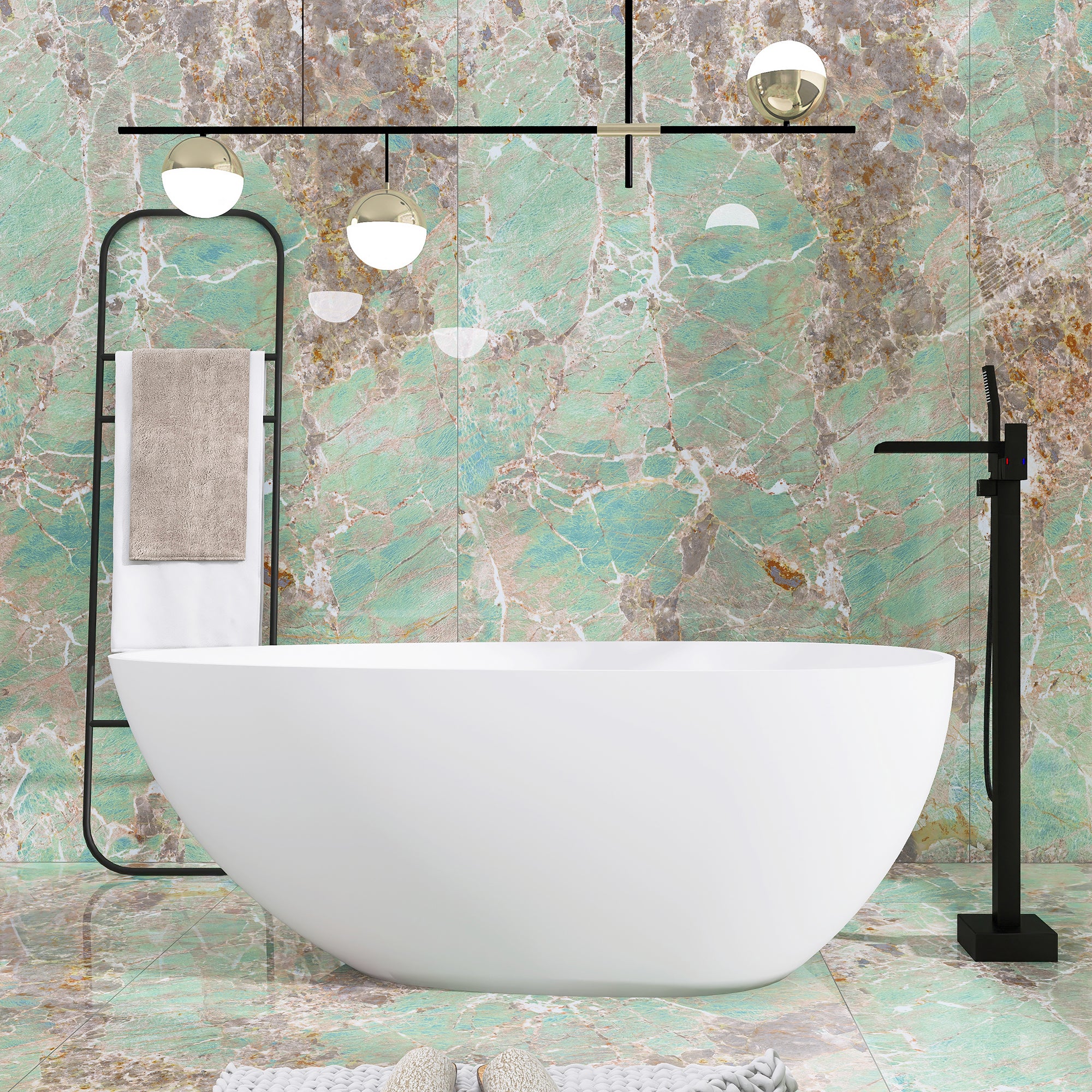 59 in. W Solid Surface Freestanding Flatbottom Soaking Bathtub in Matte White