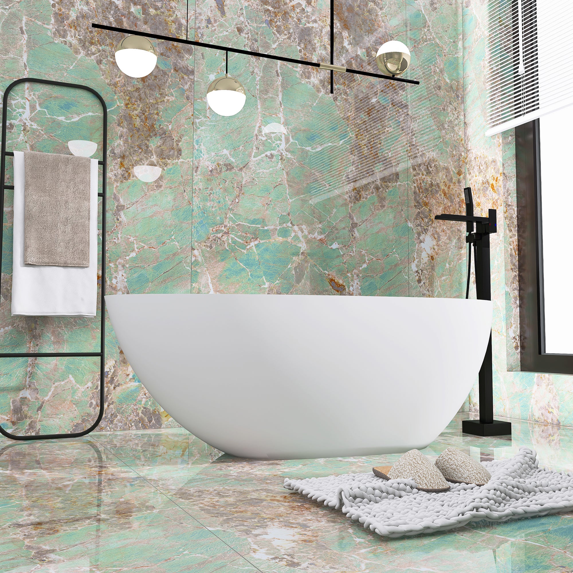 59 in. W Solid Surface Freestanding Flatbottom Soaking Bathtub in Matte White