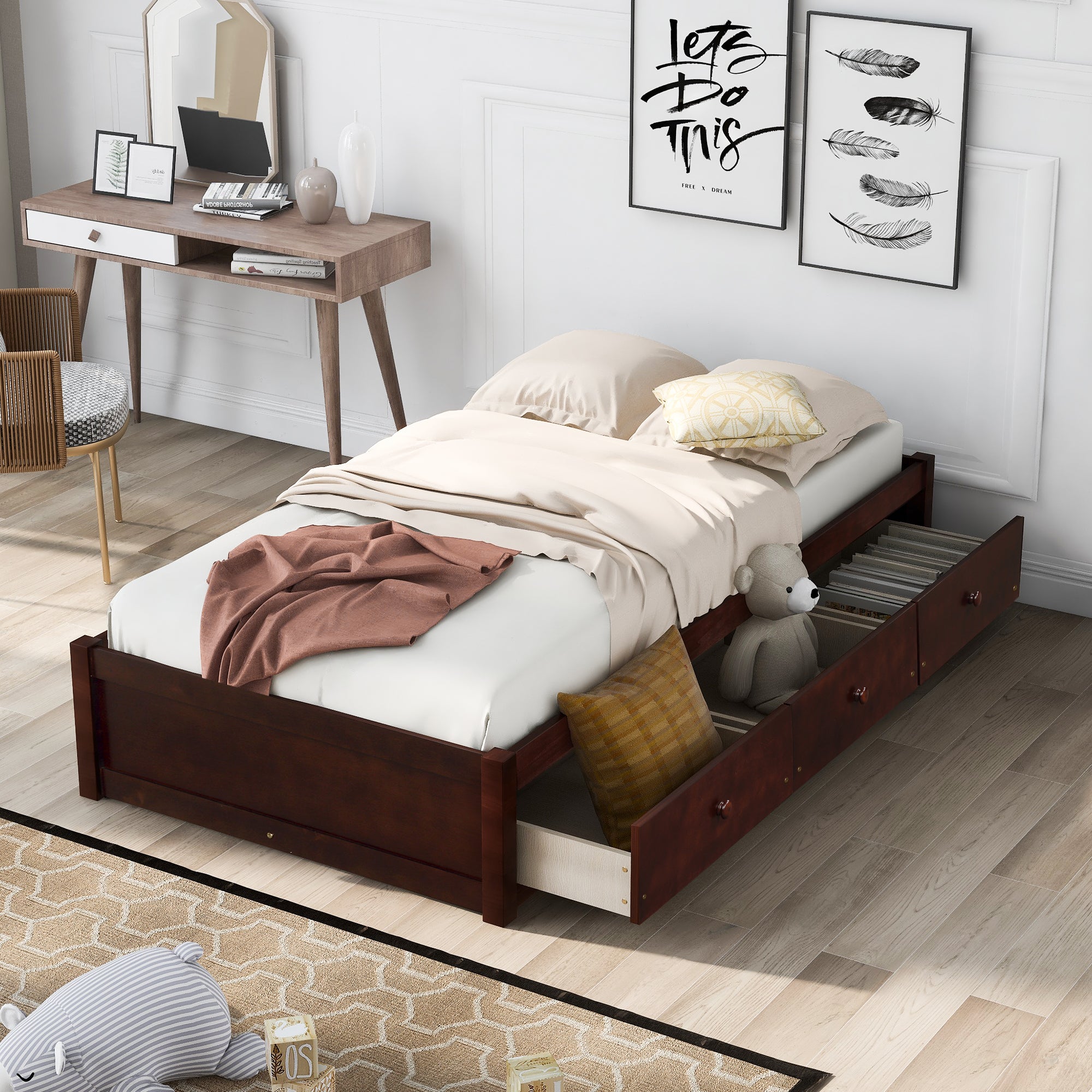 Twin Solid Wood Frame Platform Bed with 3 Drawers