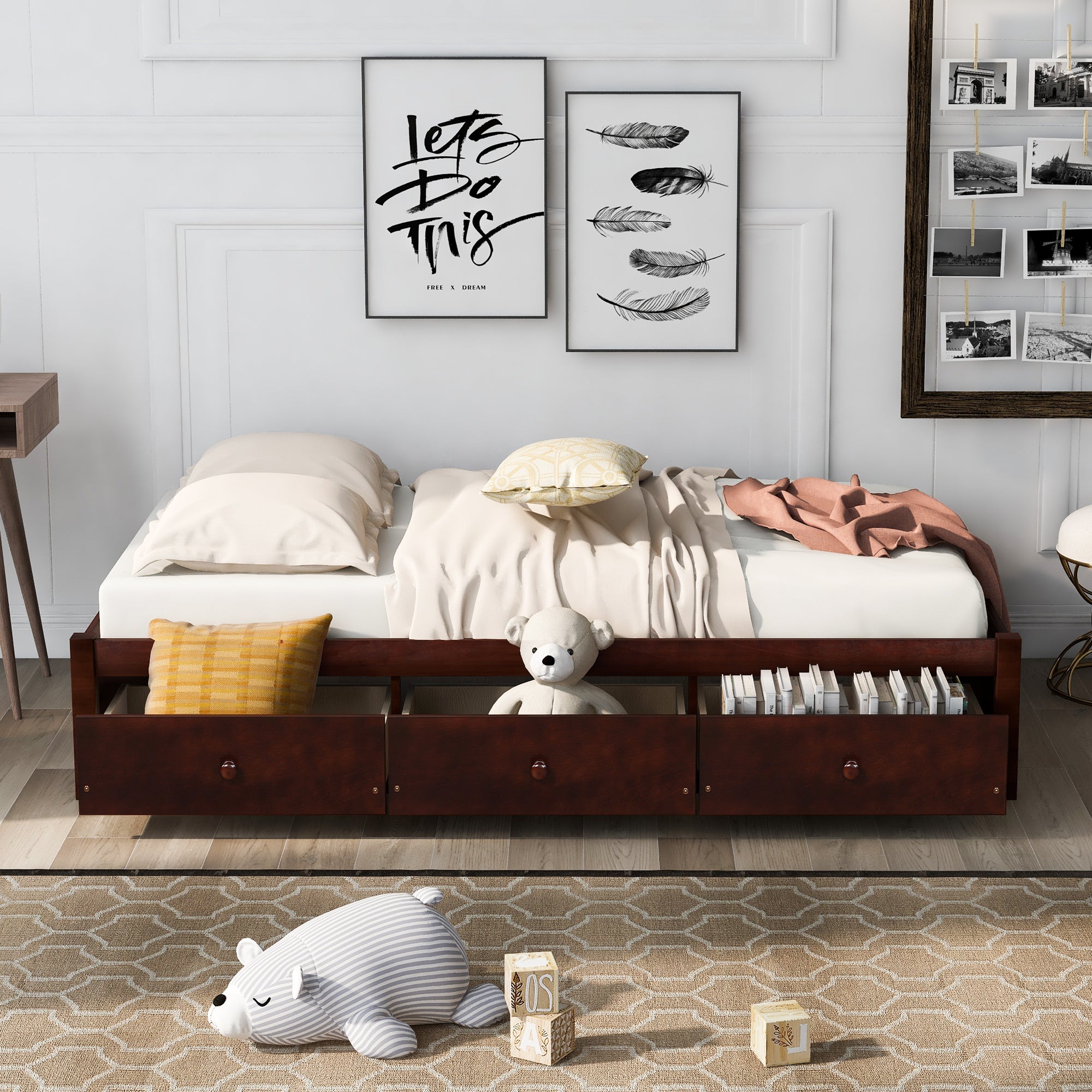 Twin Solid Wood Frame Platform Bed with 3 Drawers