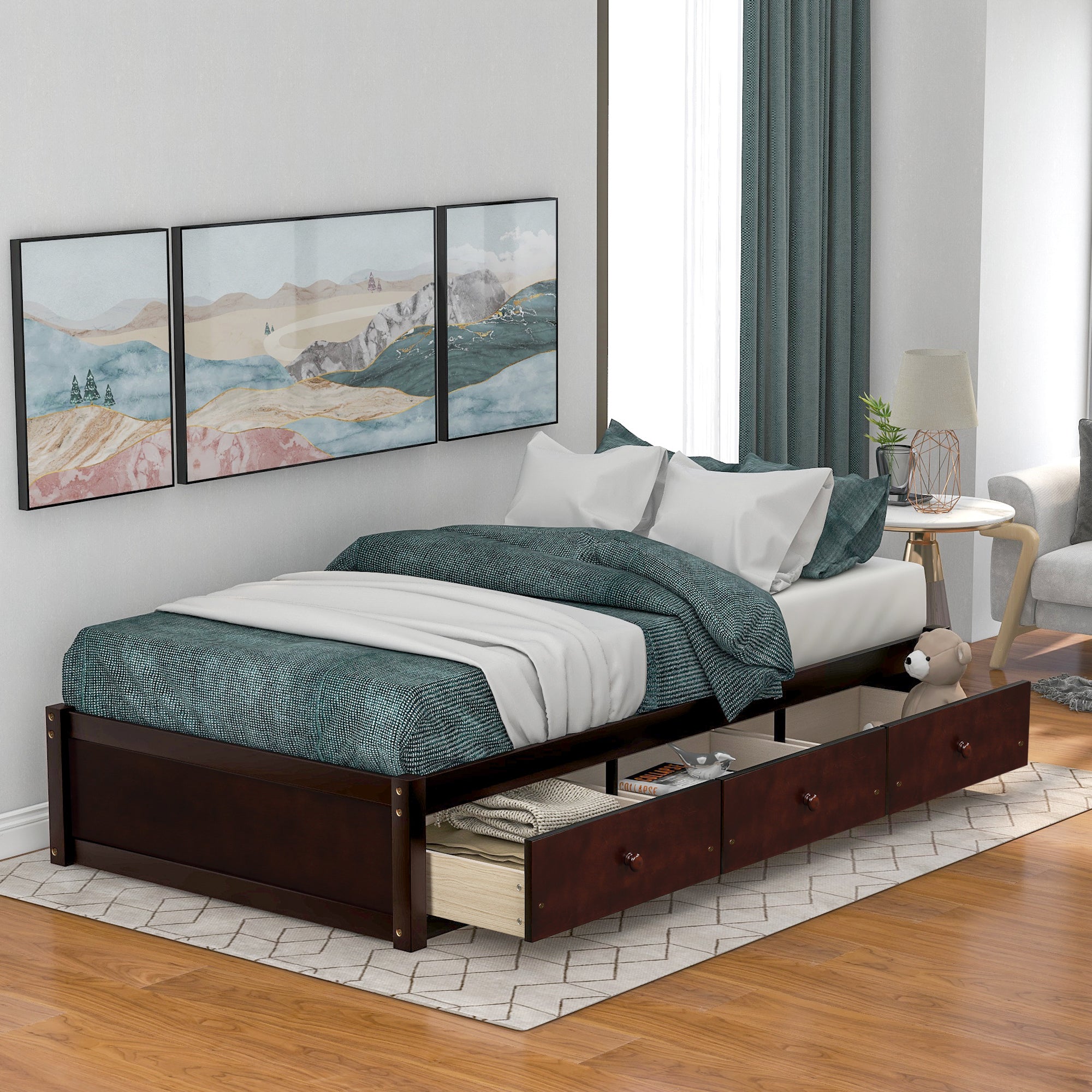 Twin Solid Wood Frame Platform Bed with 3 Drawers