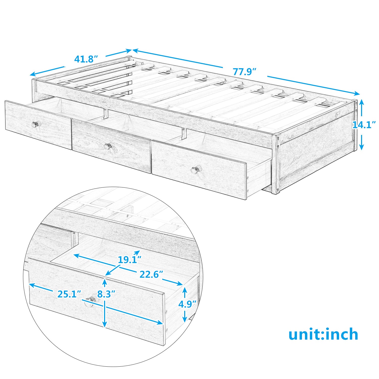 Twin Solid Wood Frame Platform Bed with 3 Drawers
