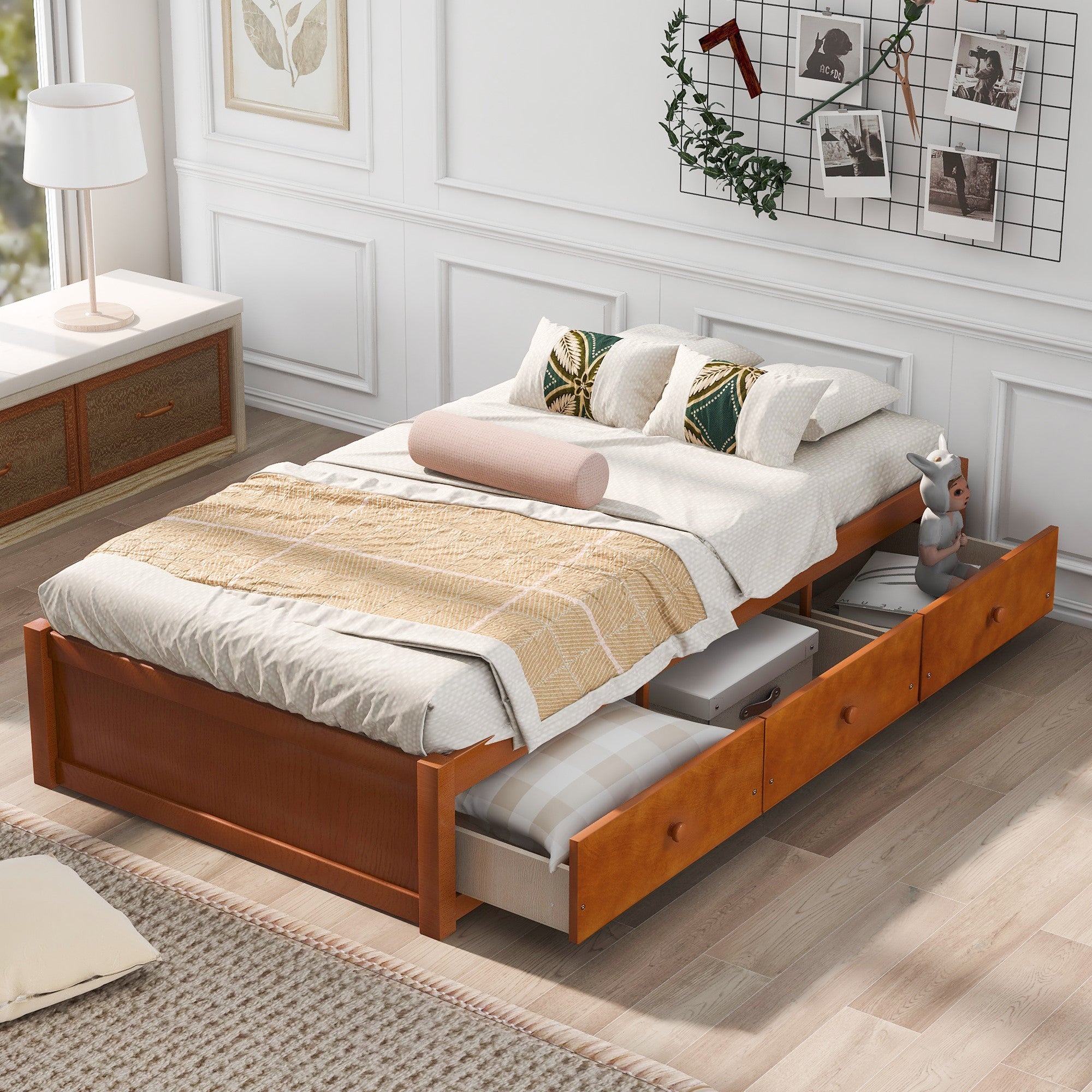 Twin Solid Wood Frame Platform Bed with 3 Drawers