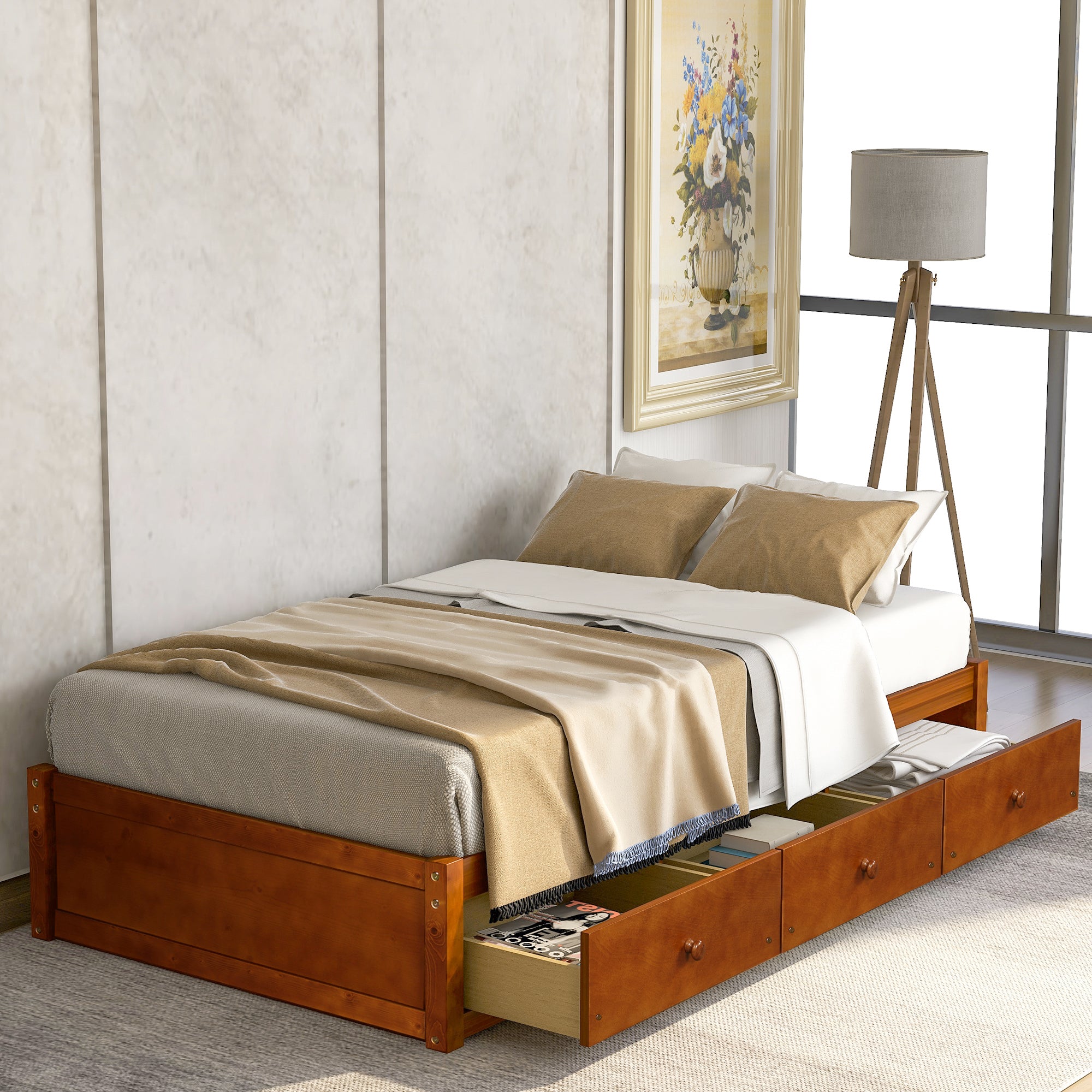 Twin Solid Wood Frame Platform Bed with 3 Drawers