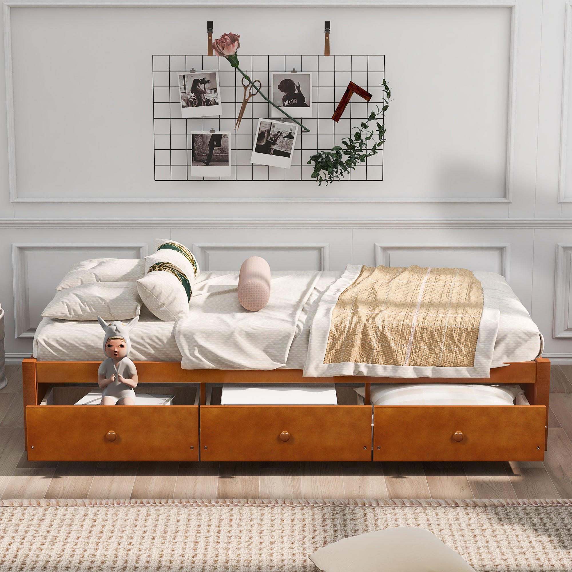 Twin Solid Wood Frame Platform Bed with 3 Drawers