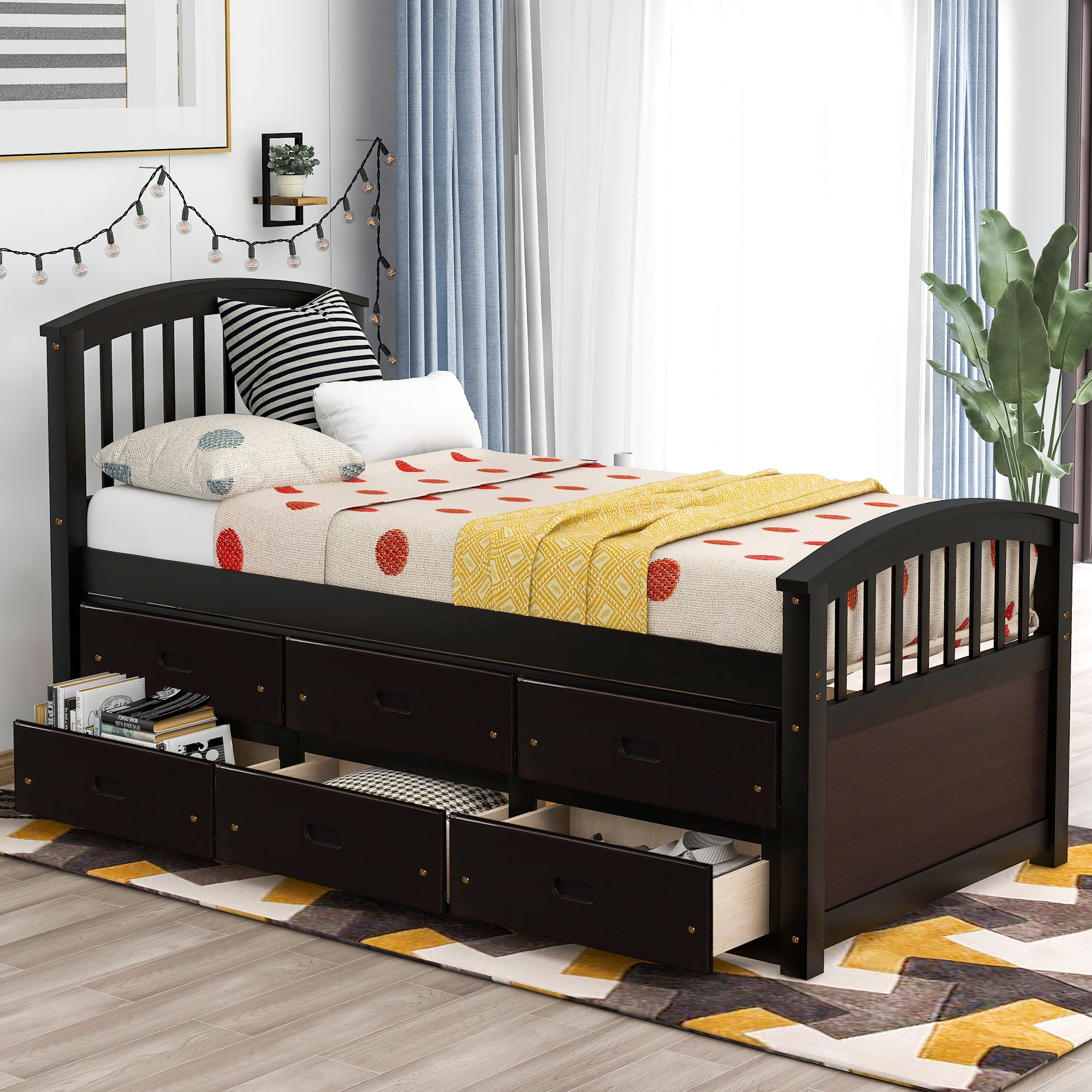 Twin Solid Wood Frame Platform Bed with 6 Drawers