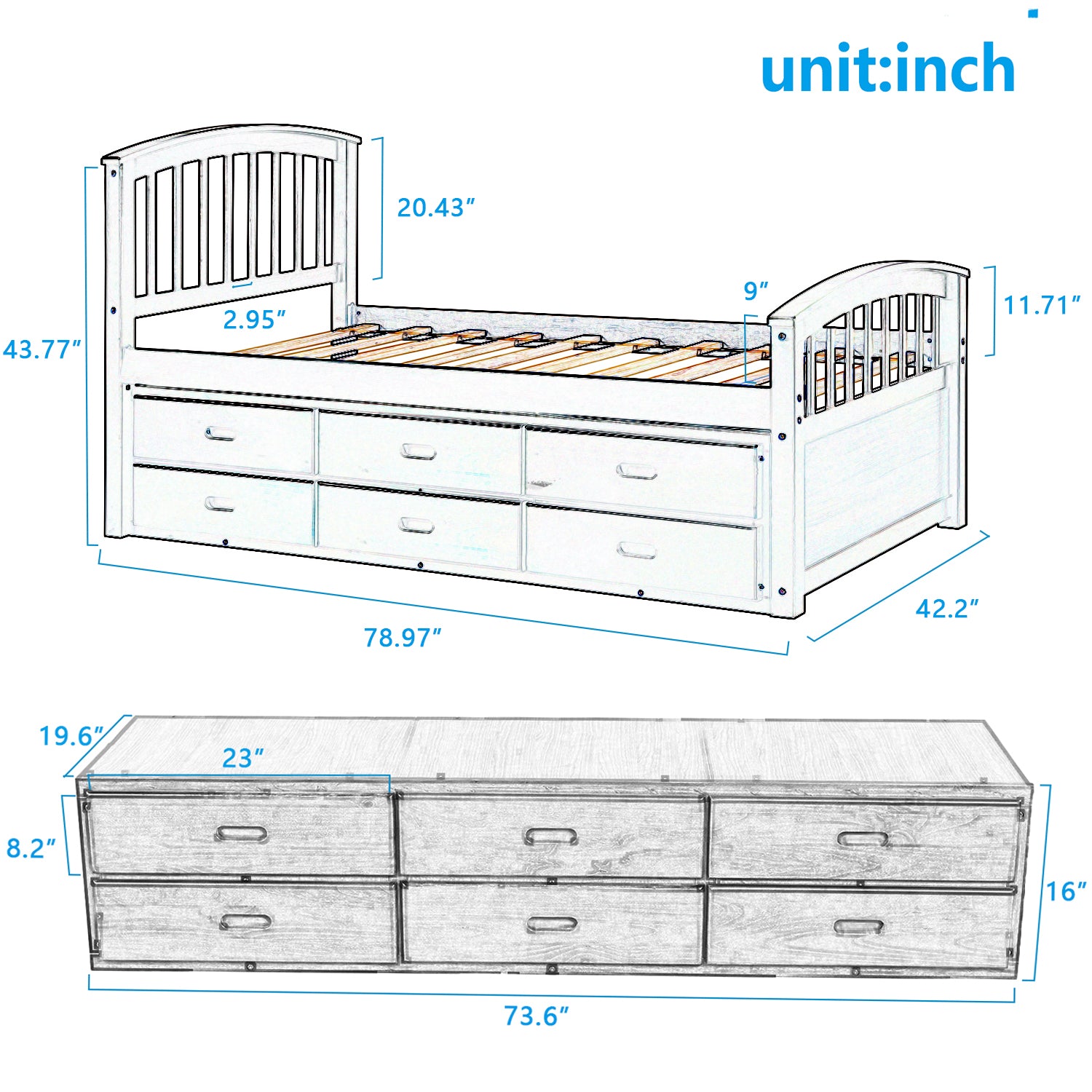 Twin Solid Wood Frame Platform Bed with 6 Drawers