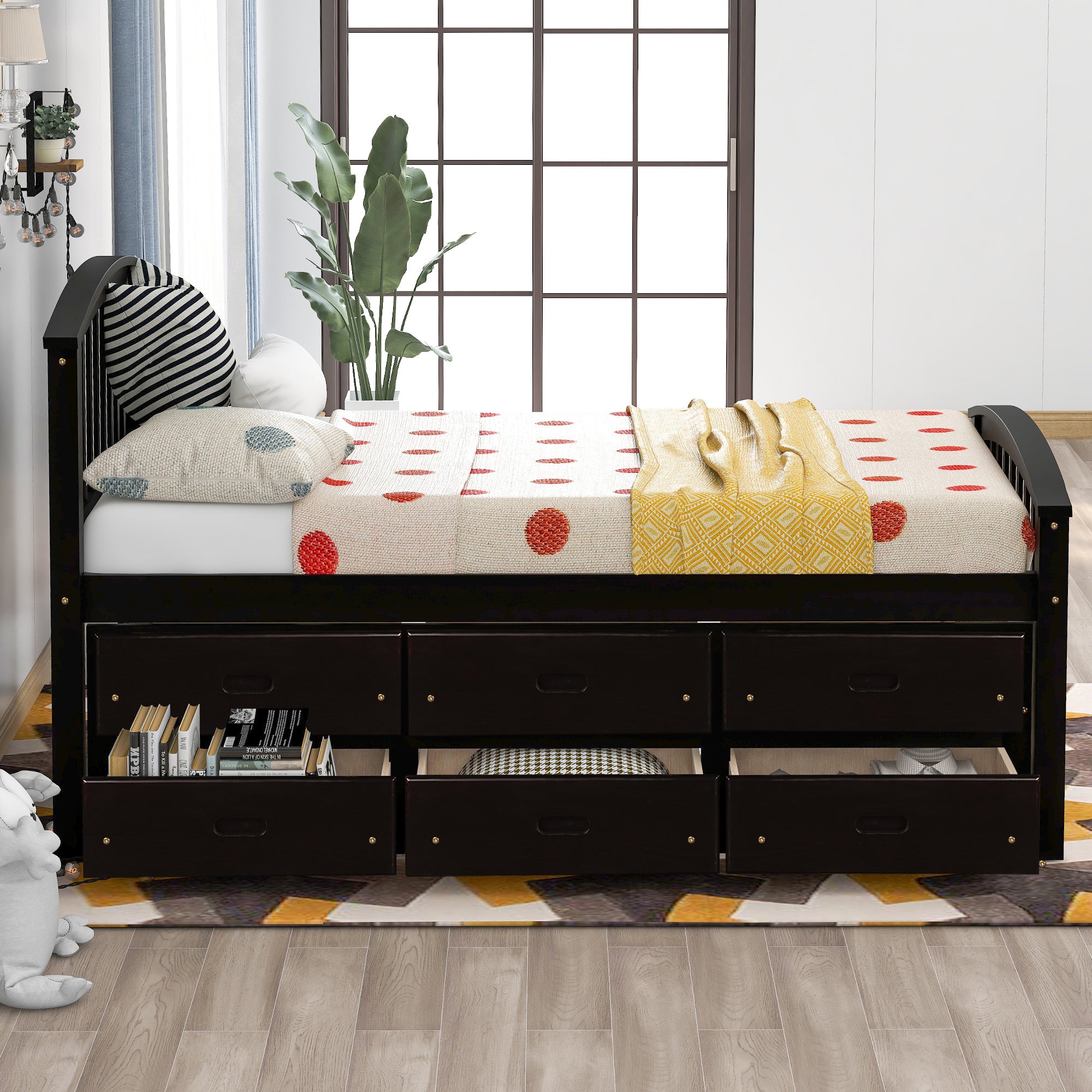 Twin Solid Wood Frame Platform Bed with 6 Drawers