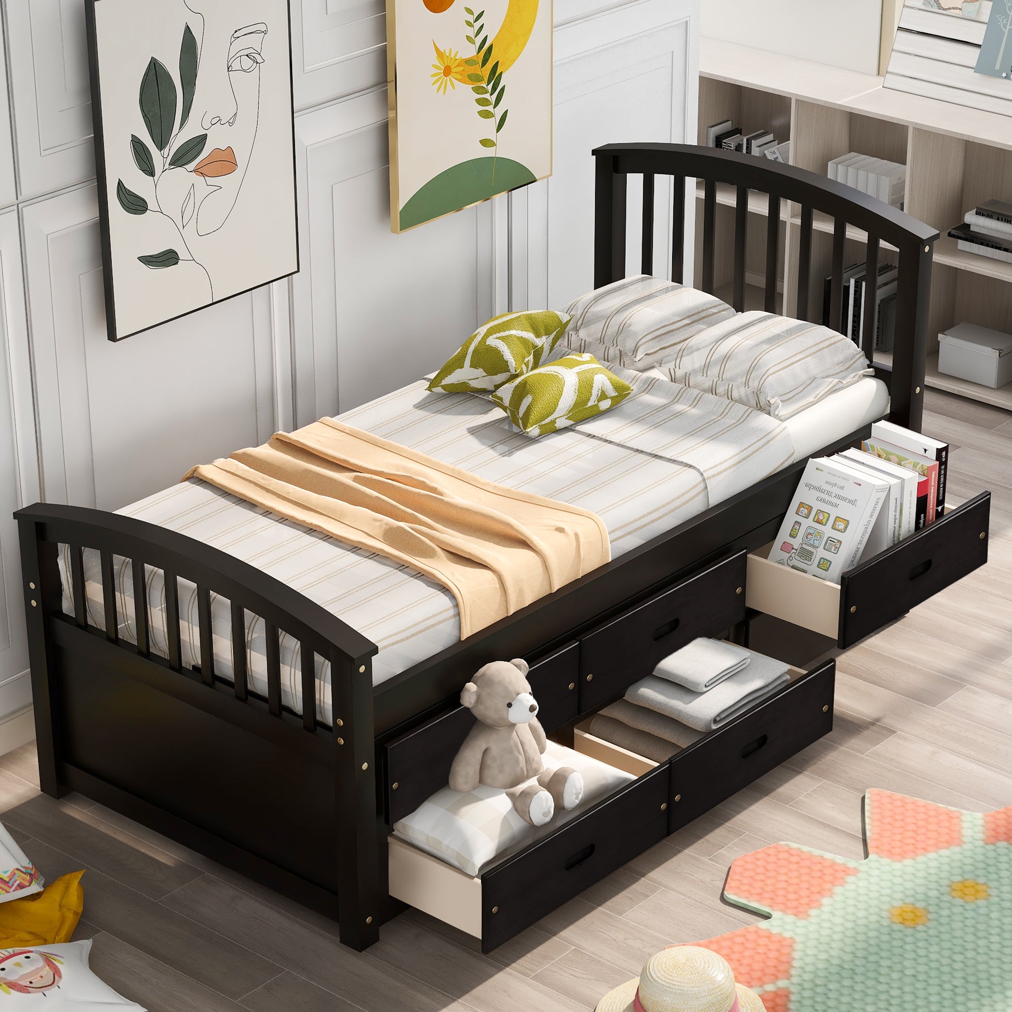 Twin Solid Wood Frame Platform Bed with 6 Drawers