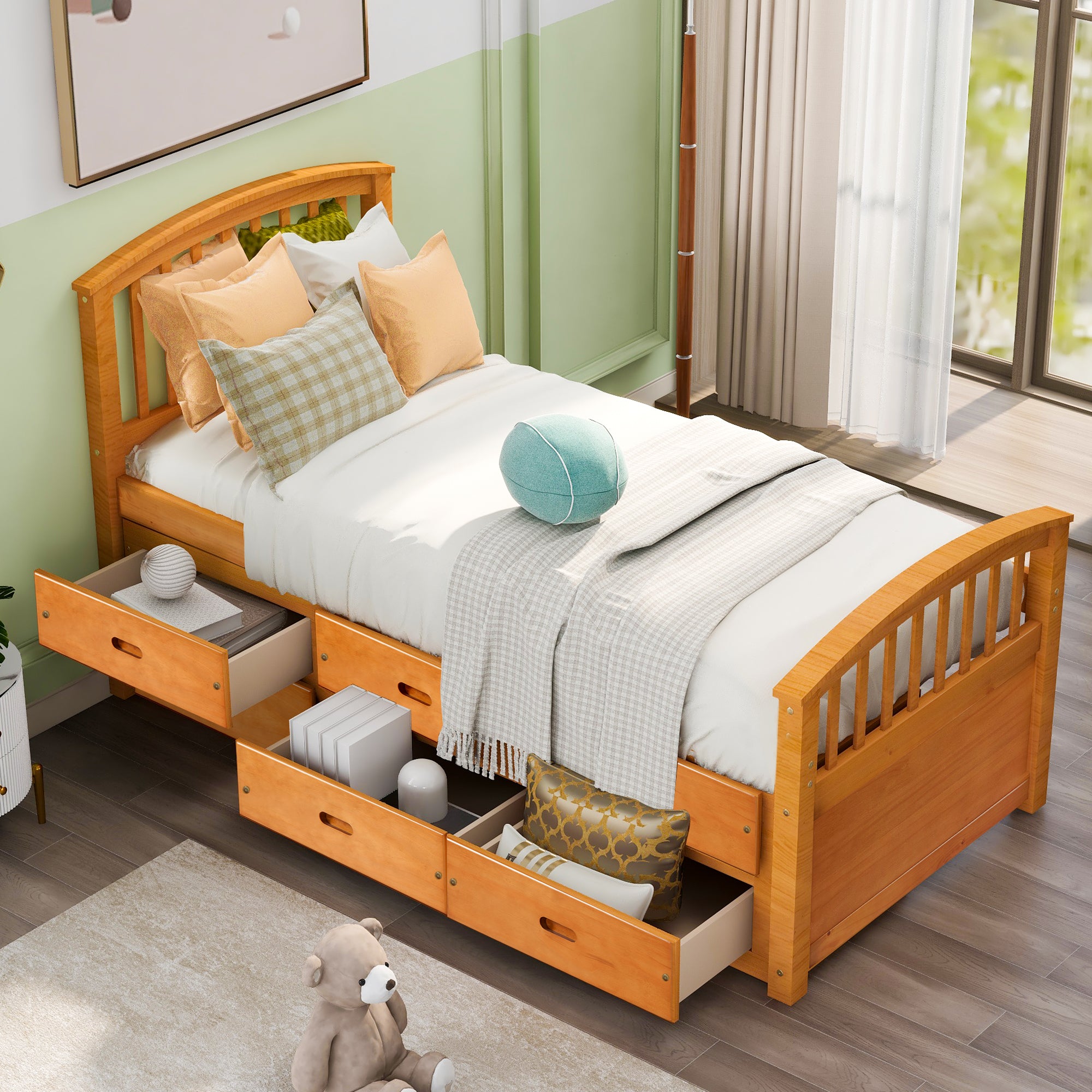 Twin Solid Wood Frame Platform Bed with 6 Drawers