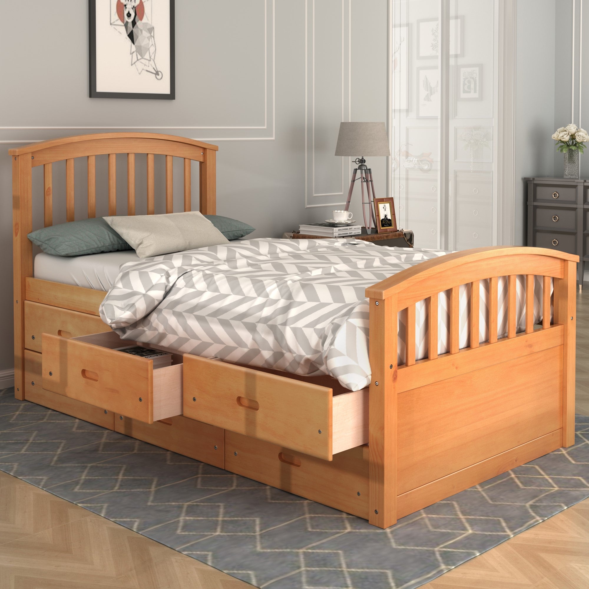 Twin Solid Wood Frame Platform Bed with 6 Drawers