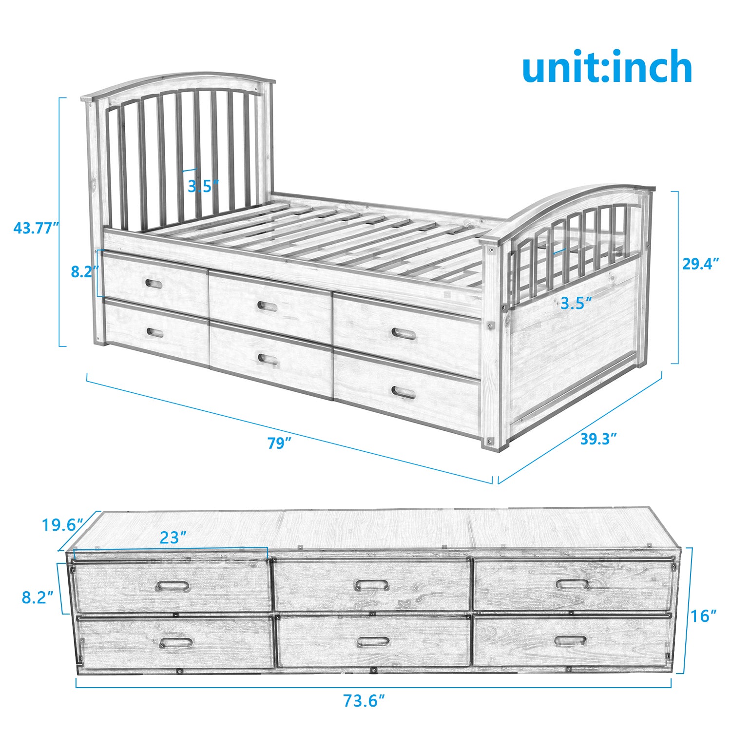 Twin Solid Wood Frame Platform Bed with 6 Drawers