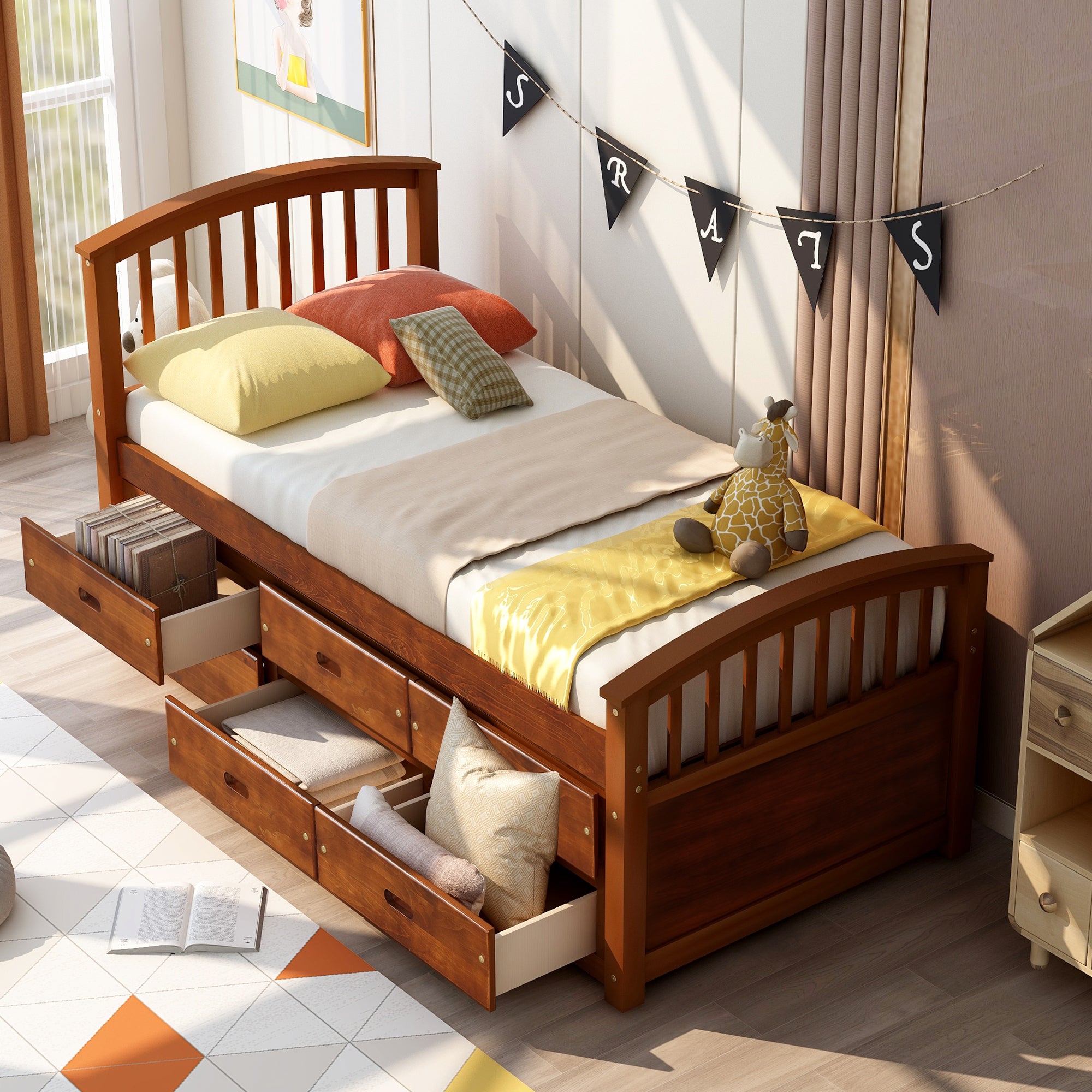 Twin Solid Wood Frame Platform Bed with 6 Drawers