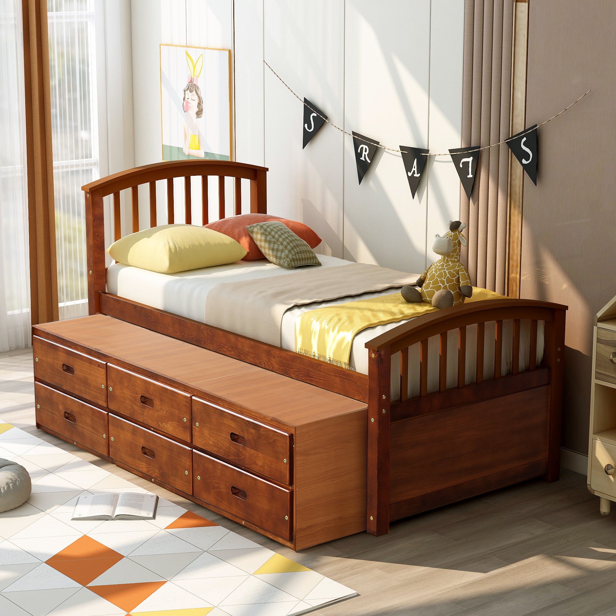 Twin Solid Wood Frame Platform Bed with 6 Drawers