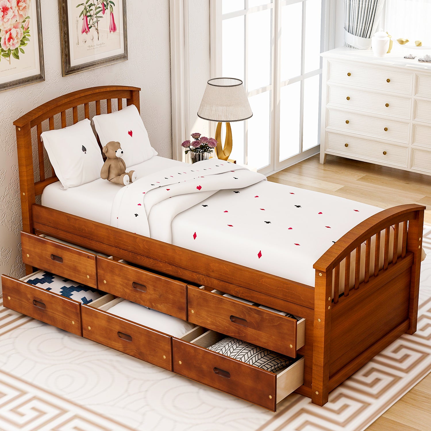 Twin Solid Wood Frame Platform Bed with 6 Drawers