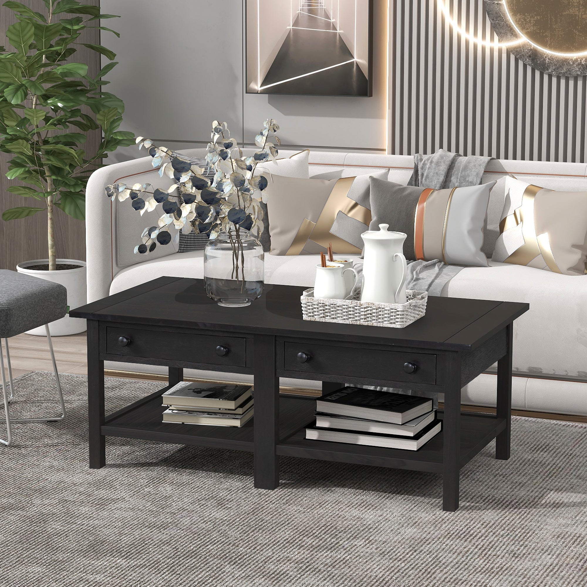 2-Drawer Solid Wood Coffee Table with Open Styled Shelf