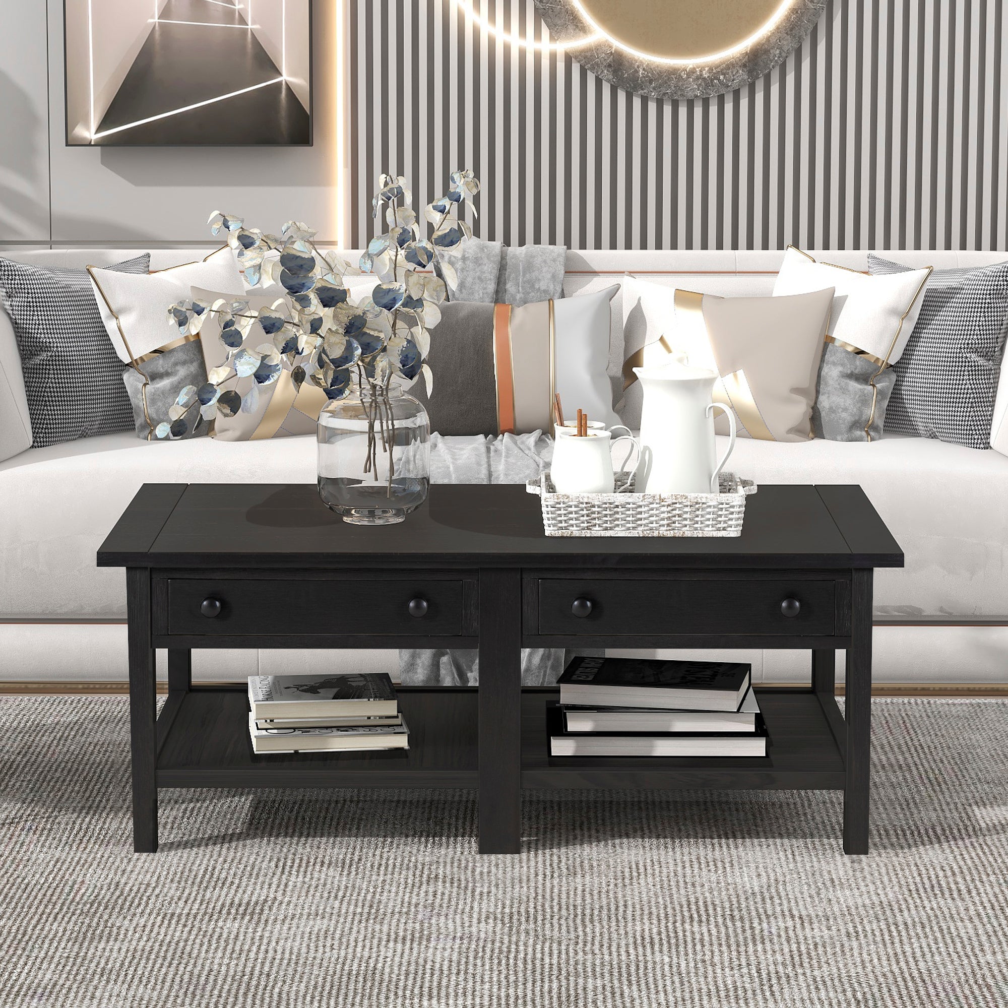 2-Drawer Solid Wood Coffee Table with Open Styled Shelf