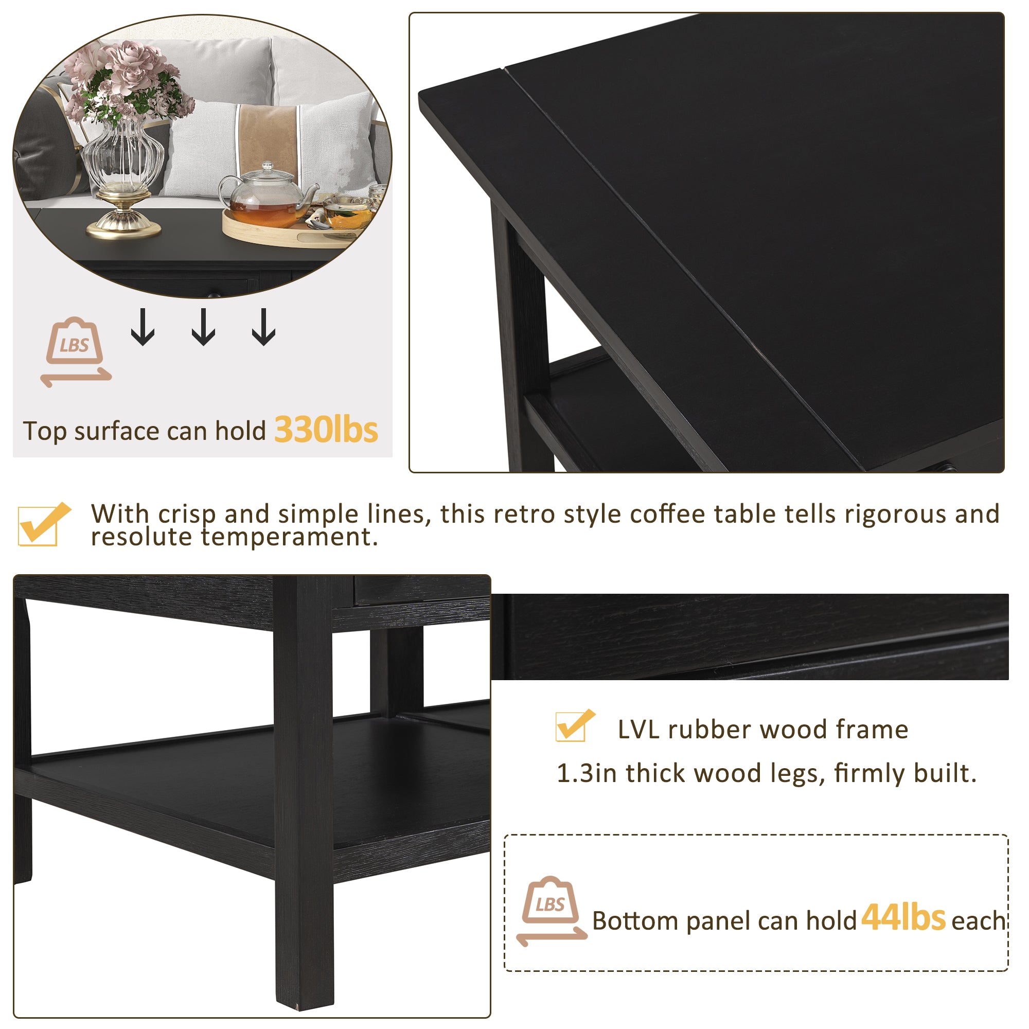 2-Drawer Solid Wood Coffee Table with Open Styled Shelf