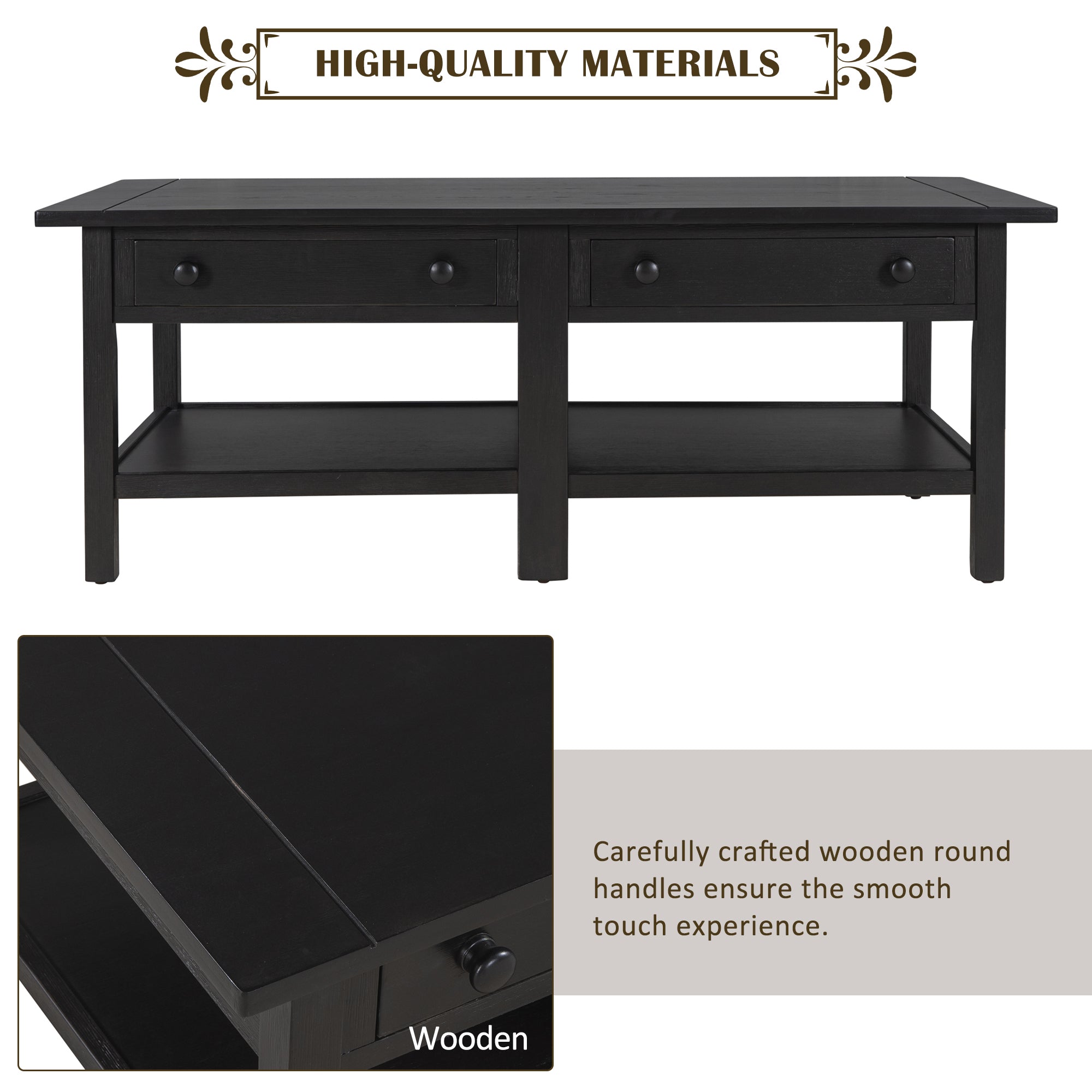 2-Drawer Solid Wood Coffee Table with Open Styled Shelf