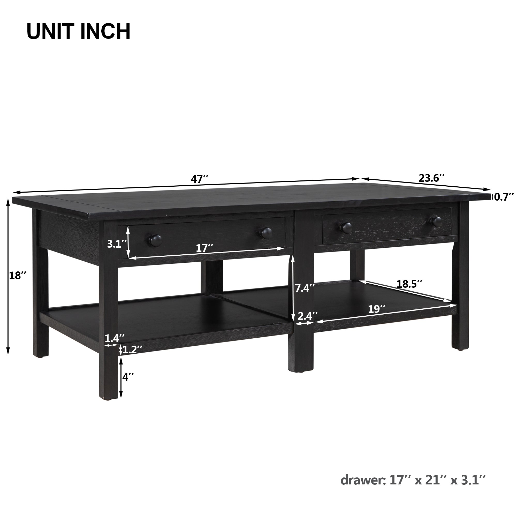 2-Drawer Solid Wood Coffee Table with Open Styled Shelf