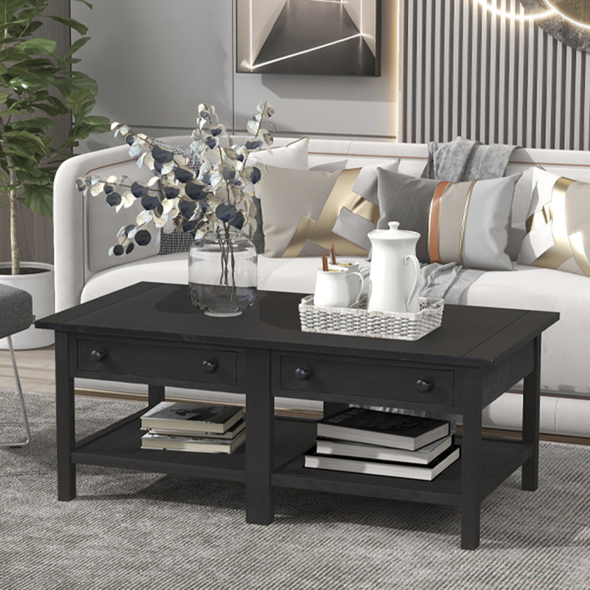 2-Drawer Solid Wood Coffee Table with Open Styled Shelf