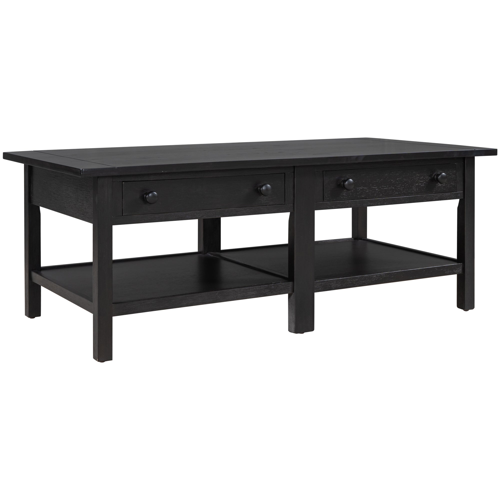 2-Drawer Solid Wood Coffee Table with Open Styled Shelf